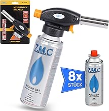 Z.M.C Gas Burner + 8 x Gas Cartridges 227 g, Flame Burner Temperature up to 1300 °C, Welding Torch with Piezo Ignition, Bunsen Burner Soldering Torch 1.3 KW, Burner Attachment with Adjustable Flame