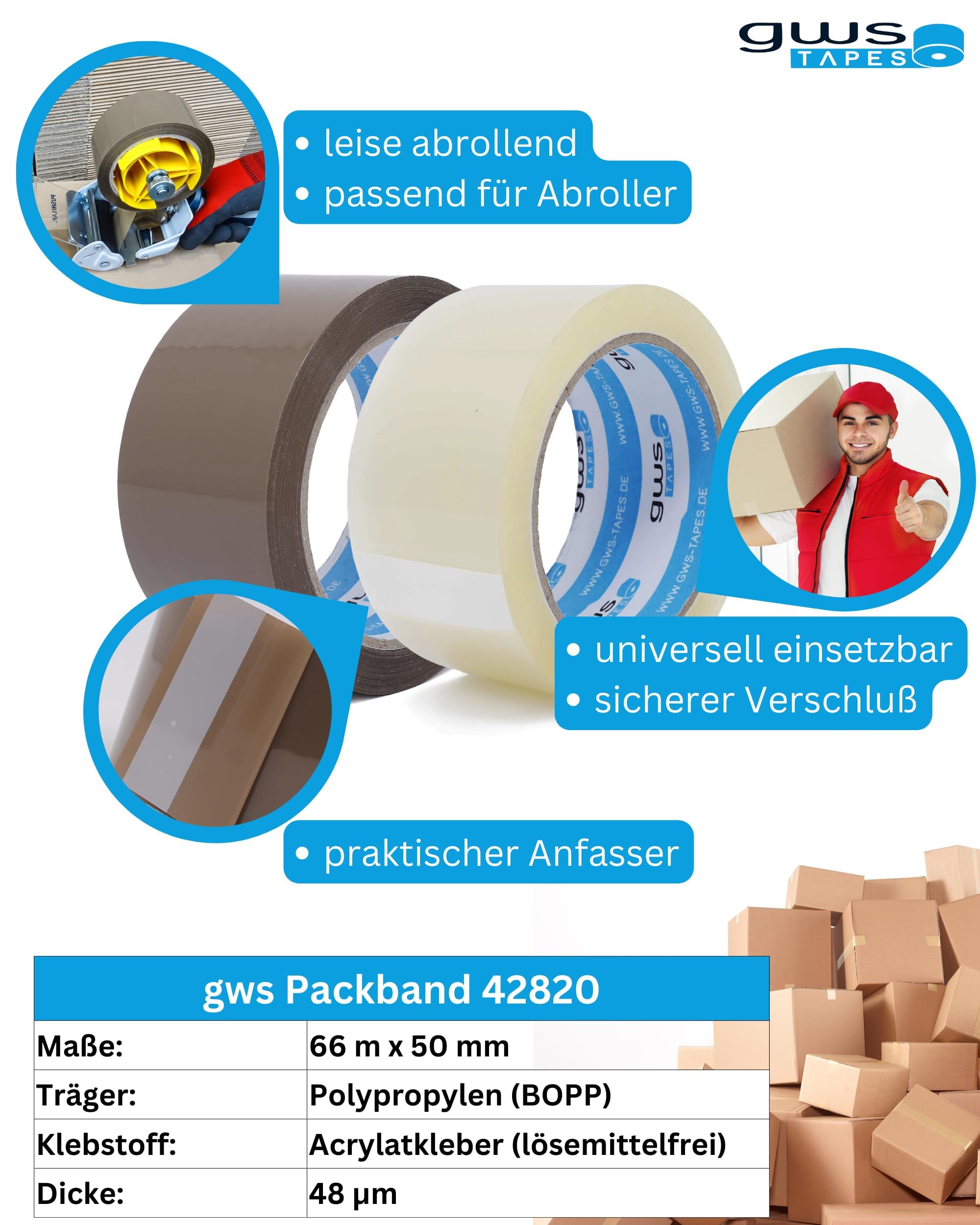 gws Verpackungs-Set mit robustem Lager/-Industrie Abroller und 36 Rollen braun 66m x 50mm zum Verpacken von Paketen - Hohe Klebekraft - Einfache Bedienung - Profi-Qualität