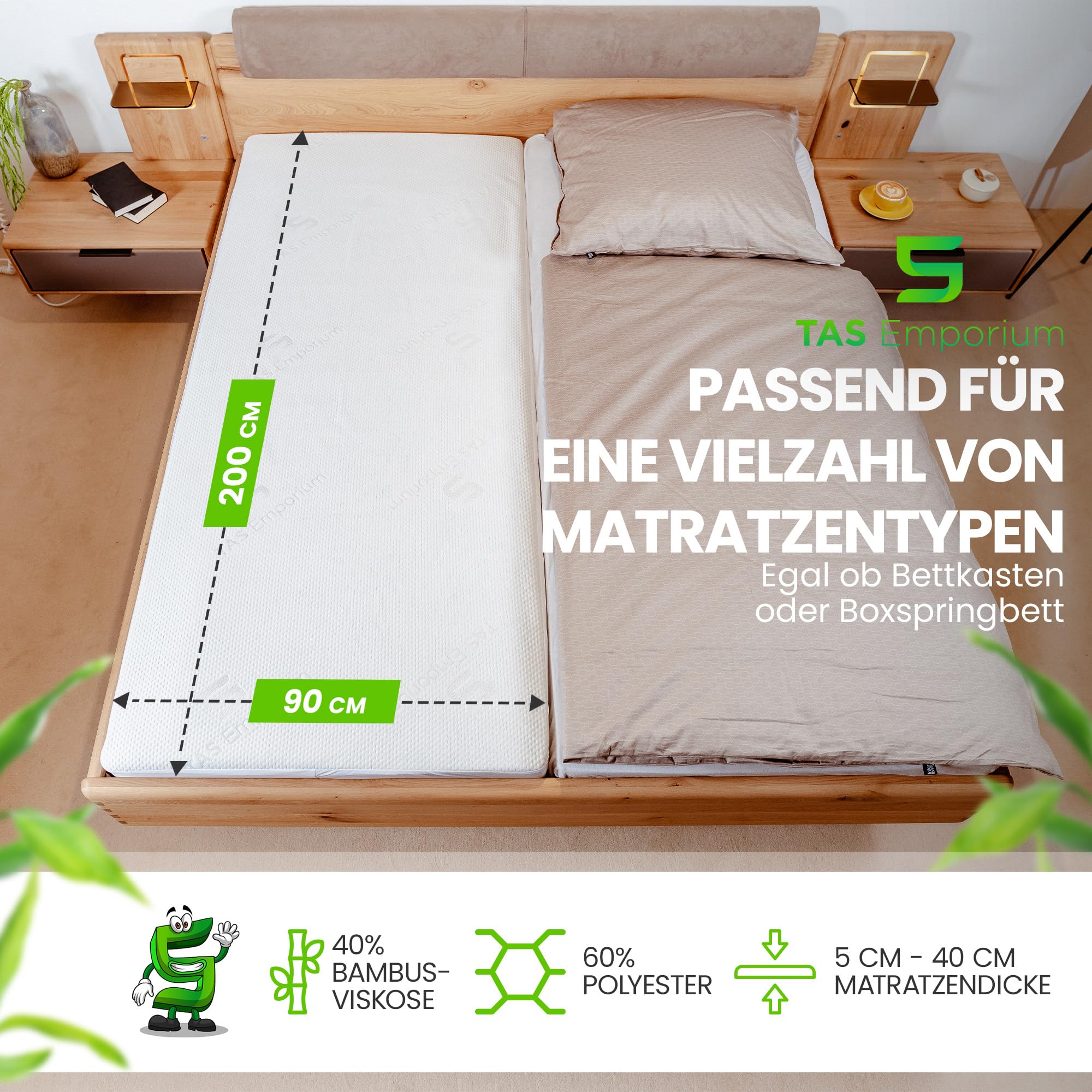 Protector de colchón 90 x 200 cm, impermeable y transpirable, de viscosa de bambú, con certificación Öko-Tex® y Dermatest®, apto para alérgicos, antiácaros, impermeable