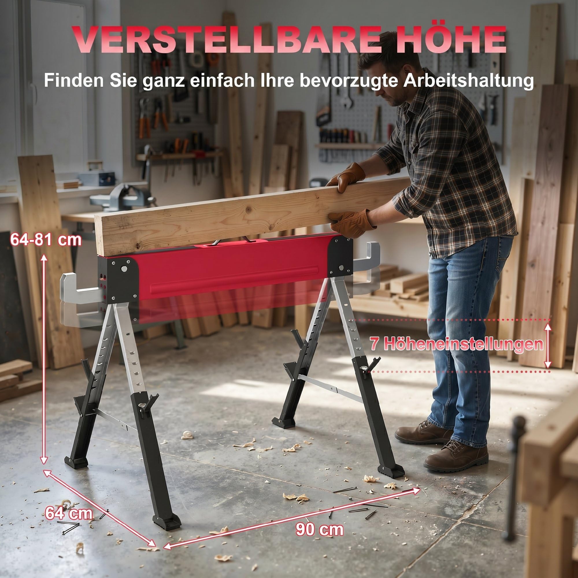 HOMCOM Arbeitsbock Gerüstbock 2er Set Höhenverstellbar 64-81 cm Rot | Belastbarkeit Bis 1160 kg, Klappbar, Sägebock, Metall, Unterstellbock Mit Griff, 7-Fach, Arbeitshöhe 640-810 mm