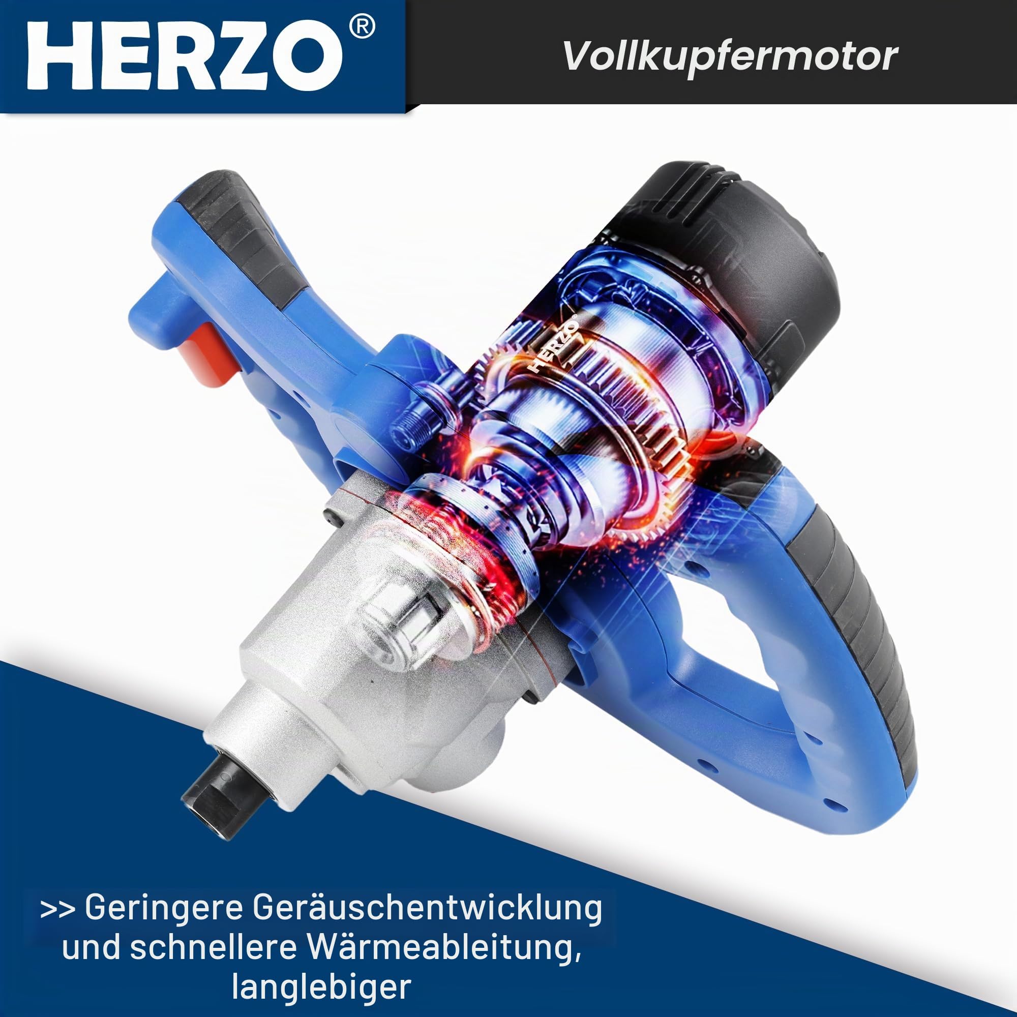 HERZO Rührwerk 1300W,Metallgetriebe,Rühreraufnahme M14, Rührer ø 120 mm für Mischgut Beton, Mörtel, Putz, Farbe, Kleber und Zement