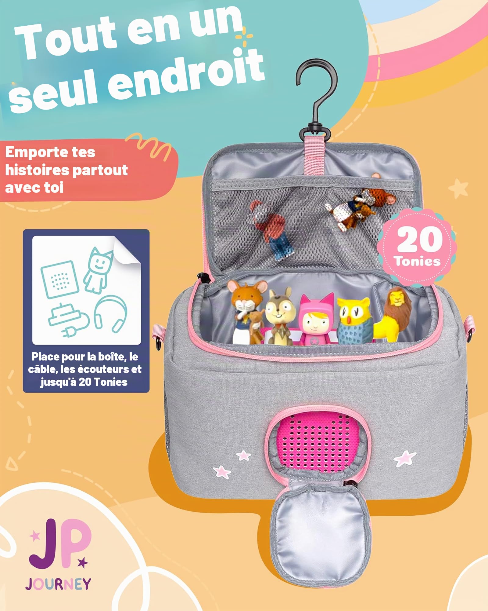 Sac pour Toniebox – BoxBag pour figurines, boîte et accessoires en voyage et en voiture, Renard gris et rose, 28 x 18 x 14 cm, Sac à bandoulière, Renard gris et rose, 28 x 18 x 14 cm, Sac à