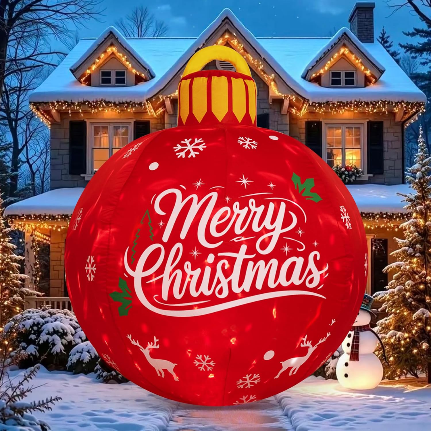 4ft Christmas Inflatables Outdoor Decorations, Cute Blow up Ornament Balls Large Inflatable Christmas Balls with Rotating Red LED, Outdoor Jumbo Ornament for Yard Lawn Holiday（Red Merrychristmas）