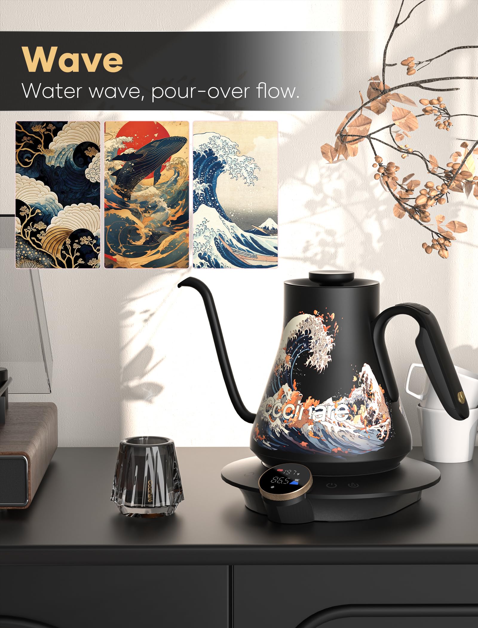 Cocinare Artisan Collection Gooseneck Electric Kettle, ±0.5°F Temperature Control for Pour Over Coffee & Tea, 1500W Quick Heating, Stainless Steel Interior, 0.9L, Wave Design
