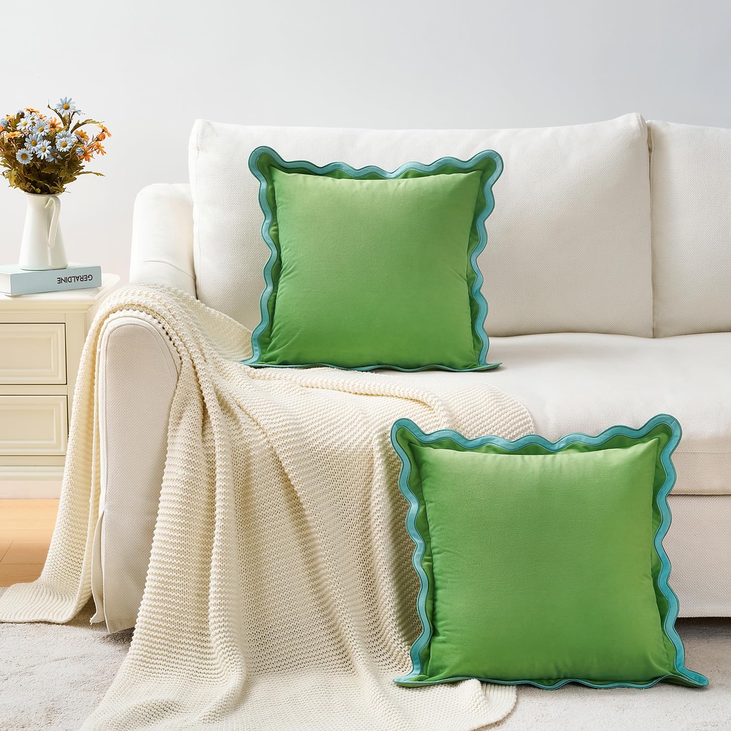 MONDAY MOOSE Decorative Throw Pillow Covers Cushion Cases, Set of 2 Soft Velvet Scalloped Wavy Edge Designs, Pillow Inserts Not Included (20x20 inch, Light Green/Light Blue)