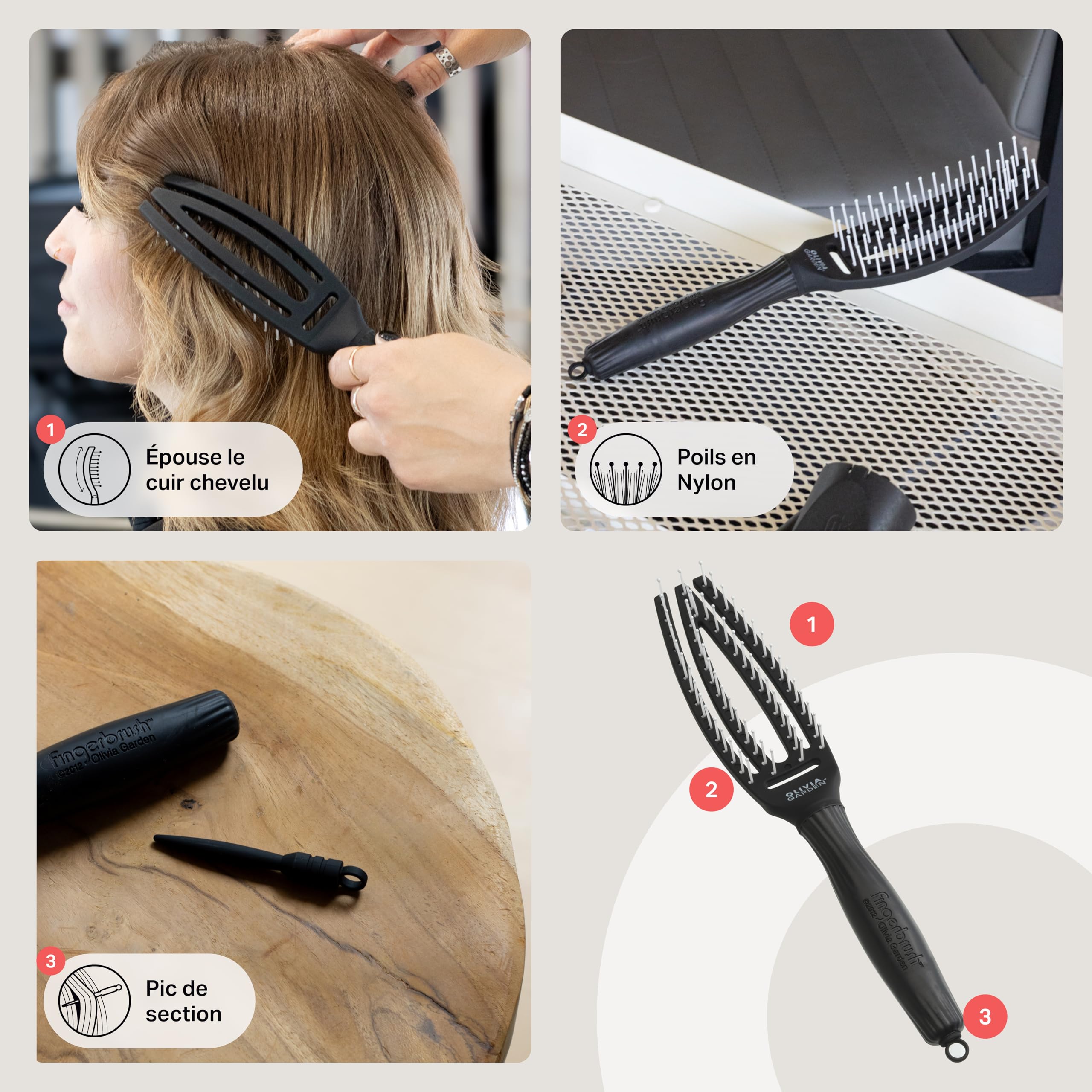 Fingerbrush Care Iconic Olivia Garden - Talla Media - Negro - Cepillo de cerdas de Nylon para desenredar y peinar sin esfuerzo