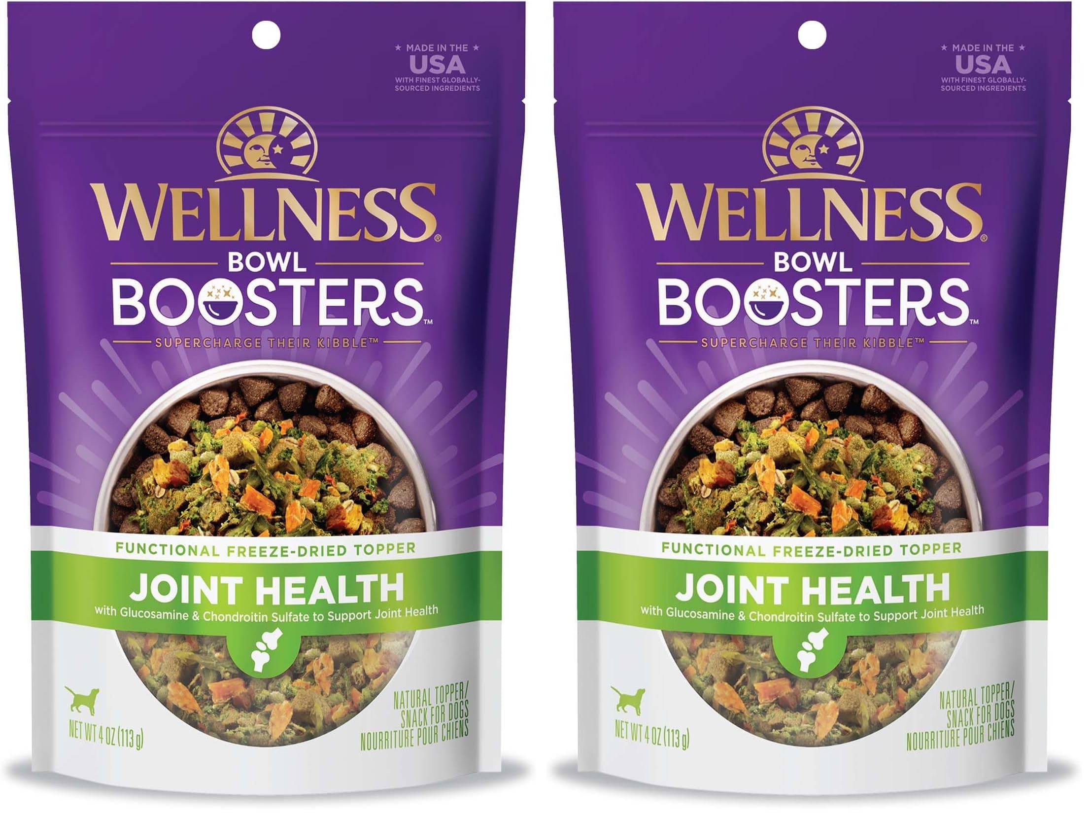 Wellness Bowl Boosters, Dog Food Topper for Small, Medium, &amp; Large Breeds, Grain Free, Natural, Freeze Dried, Joint Health Chicken, 4 Ounce Bag (Pack of 2)