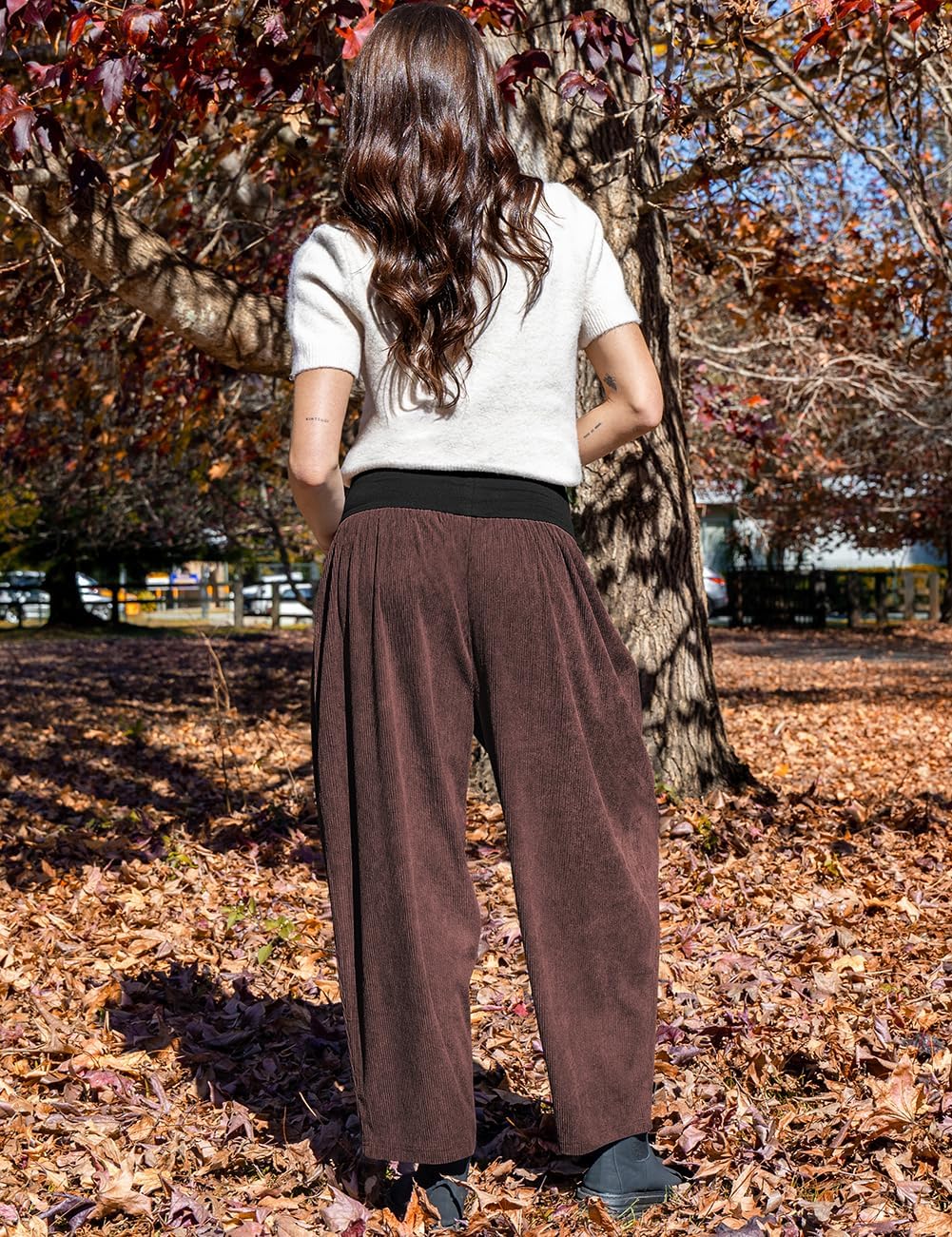 TARSE Womens Corduroy Harem Pants Casual Elastic Waist Wide Leg Pants Boho Loose Fit Baggy Trousers with Pockets - Image 5