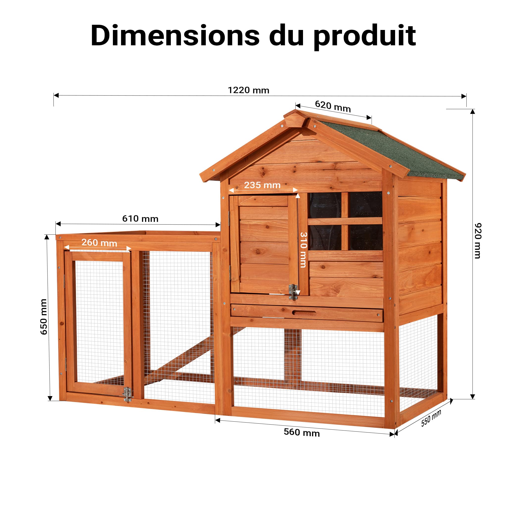 Wiltec Clapier – 1220 x 630 x 920 mm – 2 étages – Toit bitumé – Bois Sapin – avec Rampe, Enclos et bac Amovible – Abri Cage pour rongeurs Poulailler Lapinière Nichoir Espace Libre pour Petits Animaux