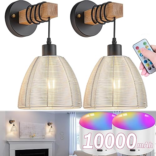 Aplique de pared a pilas, juego de dos apliques de pared inalámbricos con control remoto, luces de pared regulables para interiores con pilas para