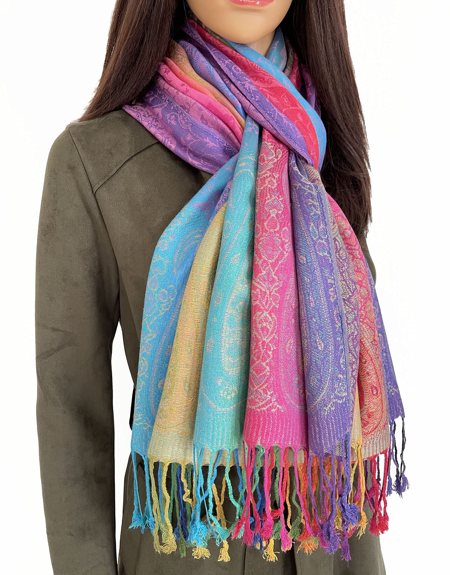 InStyle Bags Women's Large Multicolour Pashmina Shawl, Rainbow Coloured Pashmina Scarf, Multi Colour Paisley Pashmina Scarf (Blush Pink Paisley)