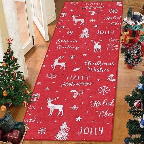 Alfombra de pasillo de cocina de Navidad de 2 x 8 pies, alfombra decorativa de Navidad para pasillo, alfombra larga antideslizante lavable para
