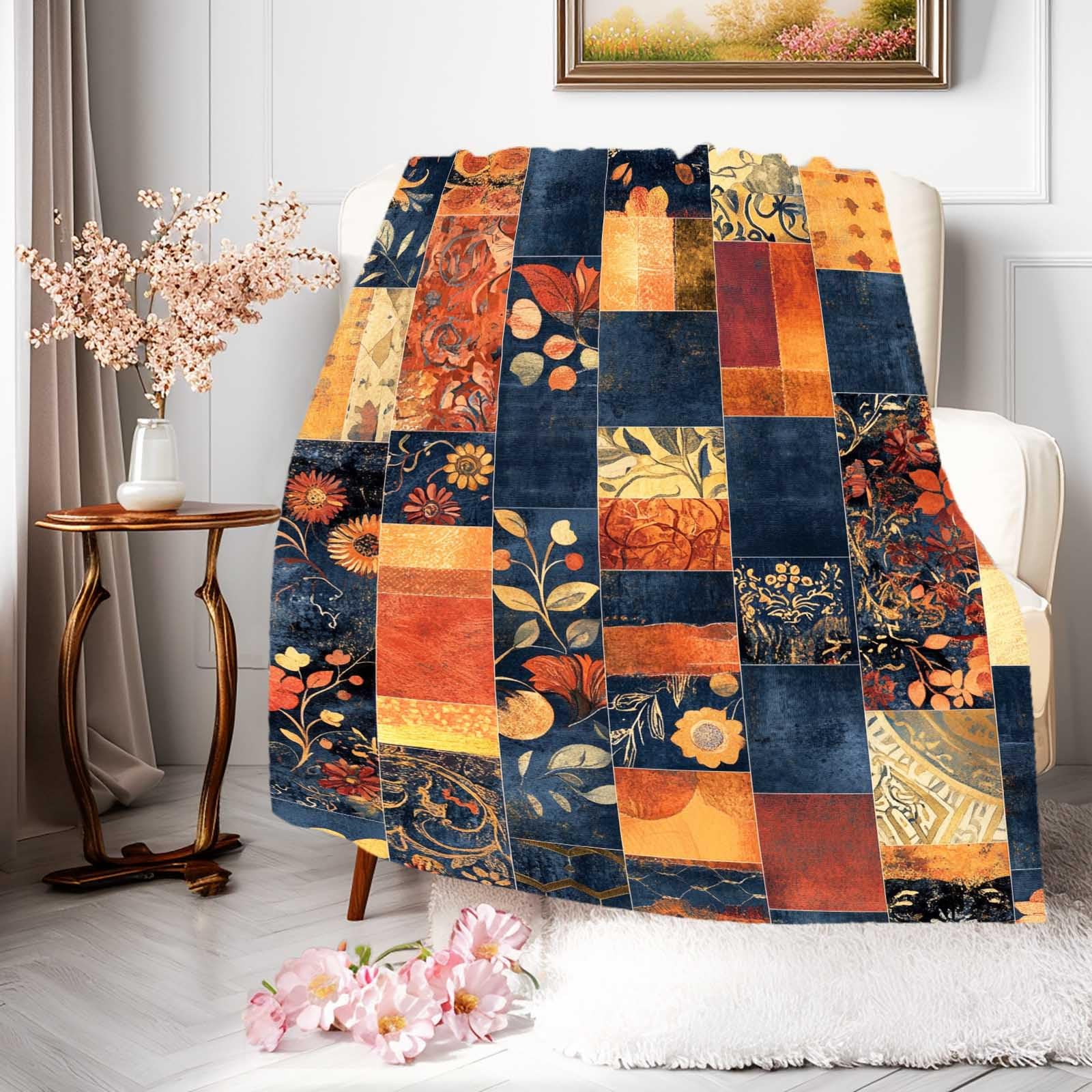 Plaid polaire flanelle à fleurs patchwork bohème jeté de canapé lit doux hiver S