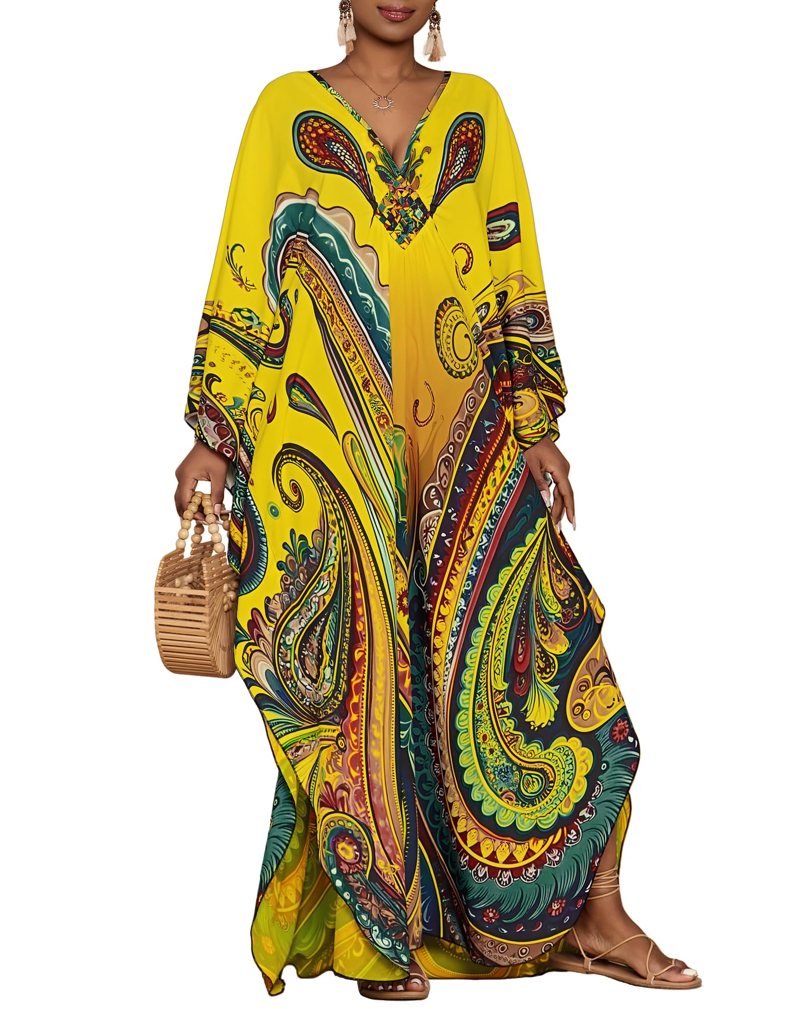 bsubseach Women's Print Turkish Kaftan Beachwear Bikini Cover Up Maxi Dress-picture-17