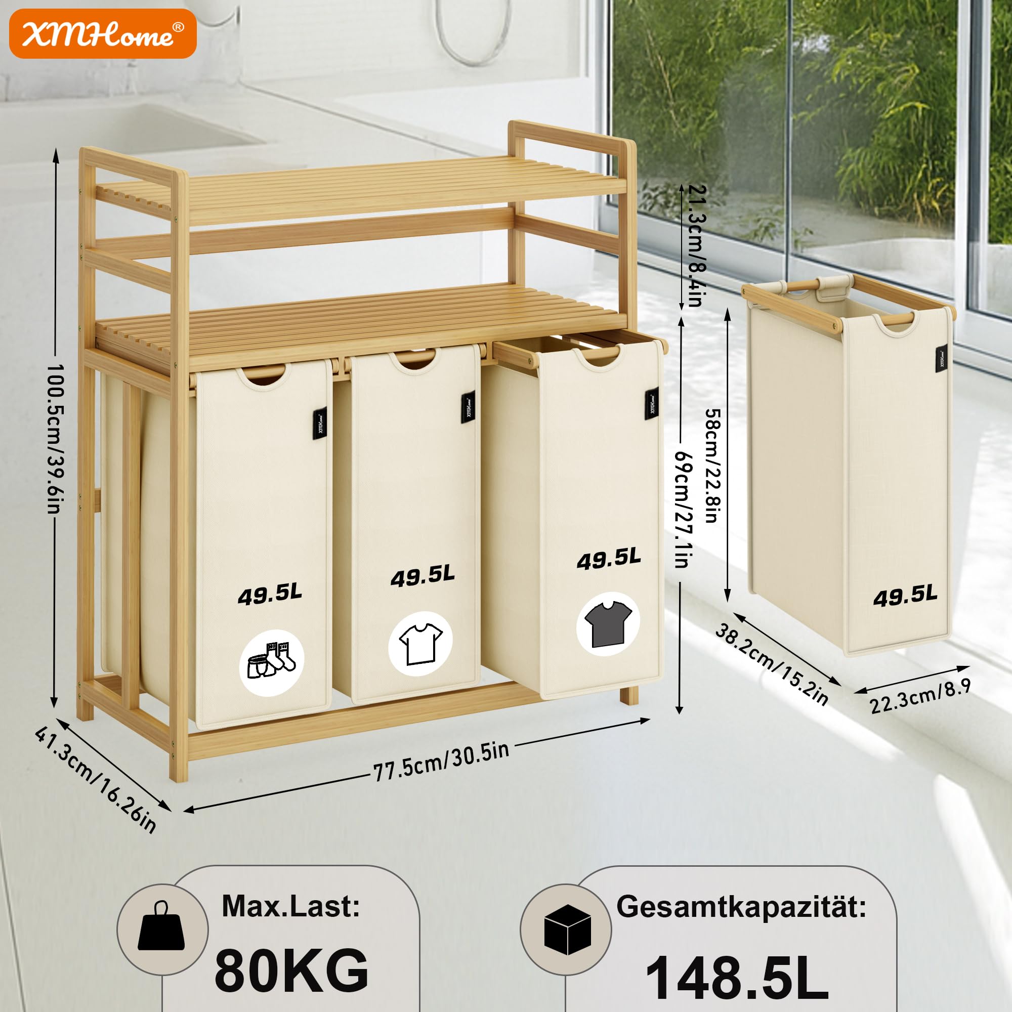 cesto para la ropa sucia con 3 compartimentos de 148 litros de bambú con 2 niveles Gran cesto de lavandería con bolsa extraíble rectangular Caja de lavandería para baño dormitorio y lavandería