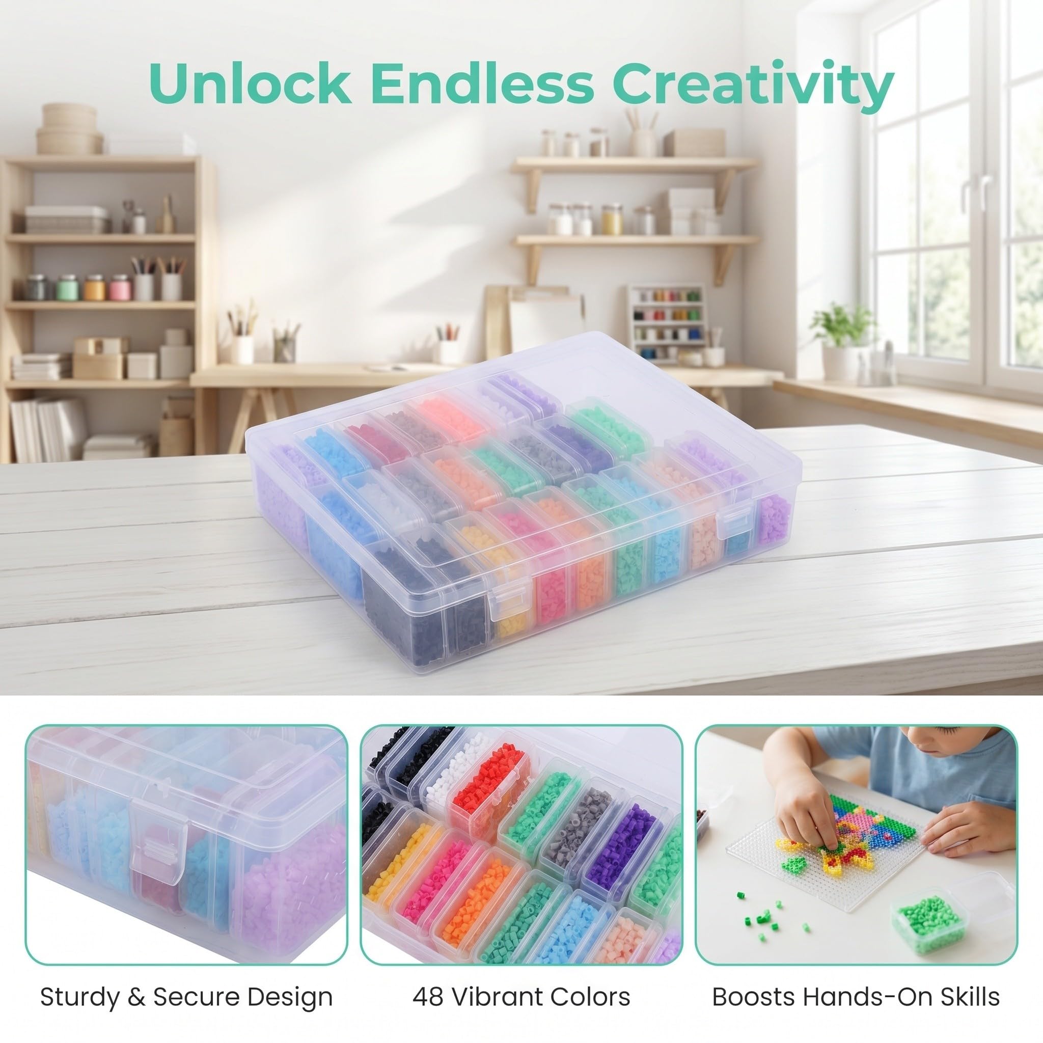 Lurrose Kit de perles à repasser (1 boîte) - 2,6 mm, 48 couleurs, recharge pour loisirs créatifs avec étiquettes de couleur, idéal pour les projets artistiques sur plaque perforée, fournitures