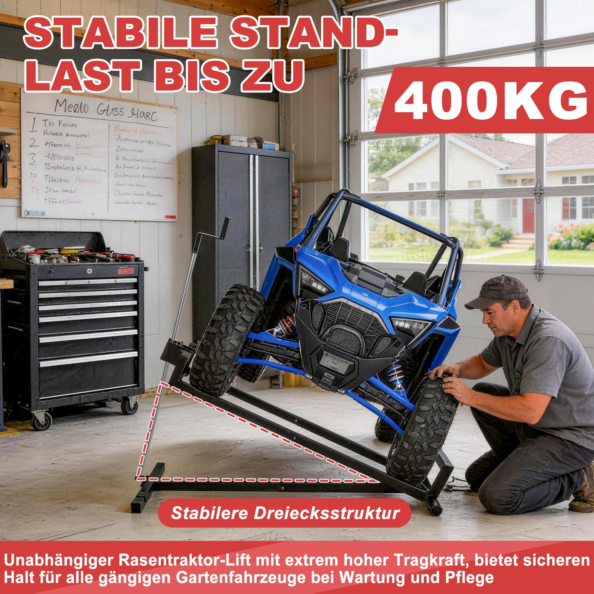 Froadp Rasentraktorheber 400KG Verstellbare Hebevorrichtung 45° Neigung Teleskop Wagenheber für Aufsitzrasenmäher Rasentraktor, Schwarz