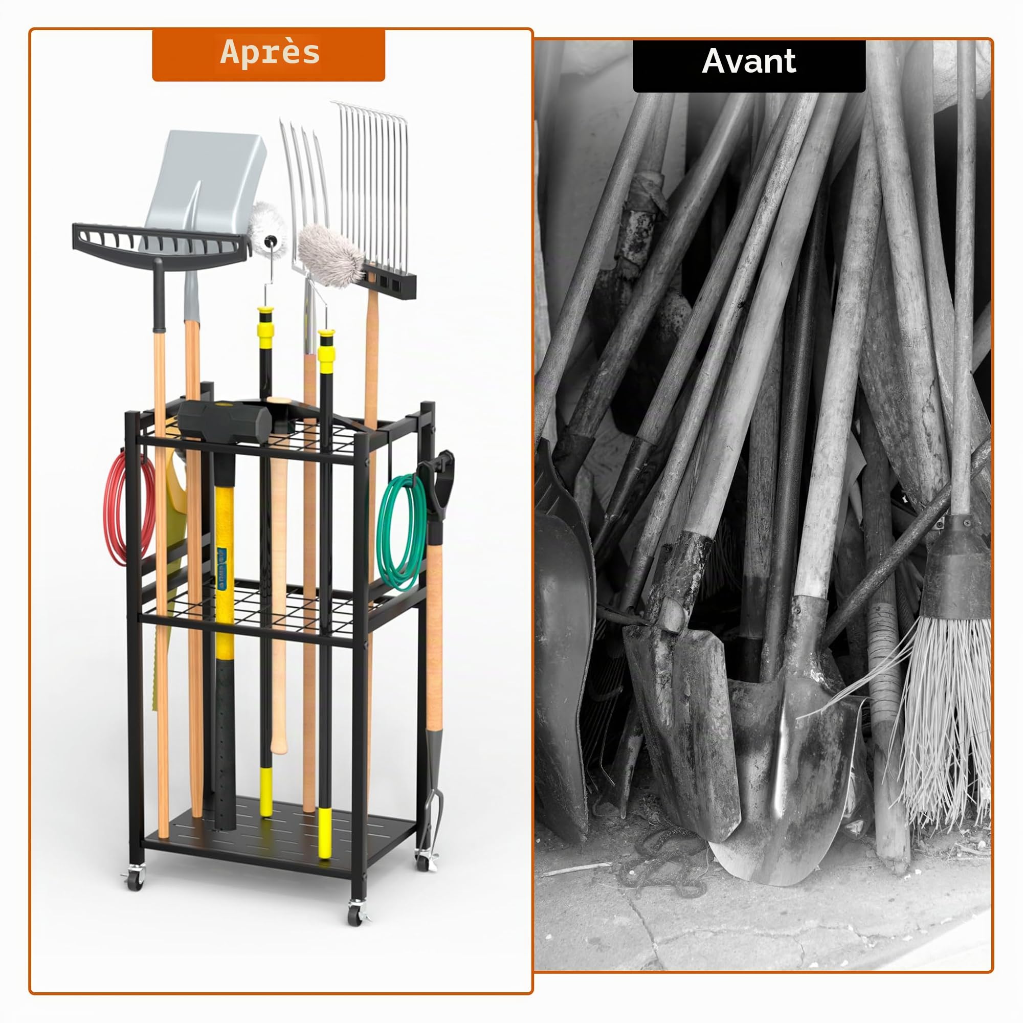 Rangement outils jardin 3 niveaux,polyvalent,roulettes freinables, M | 42*30*85cm, 35 positions, outils longs/courts, 4 crochets, robuste, roulettes freinables, anti-rouille, jardin/garage…