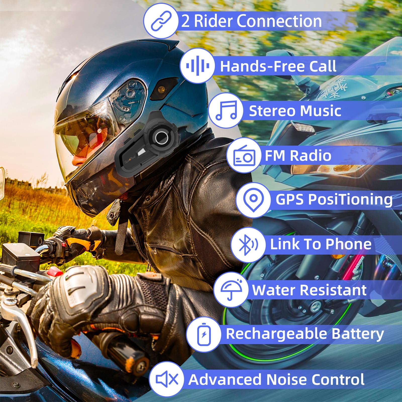 S2 Casco de Motocicleta intercomunicador Bluetooth 5.1 Chip, 2 Jinetes Altavoz intercomunicador con micrófono 2en1, Protector Solar y a Prueba de Polvo