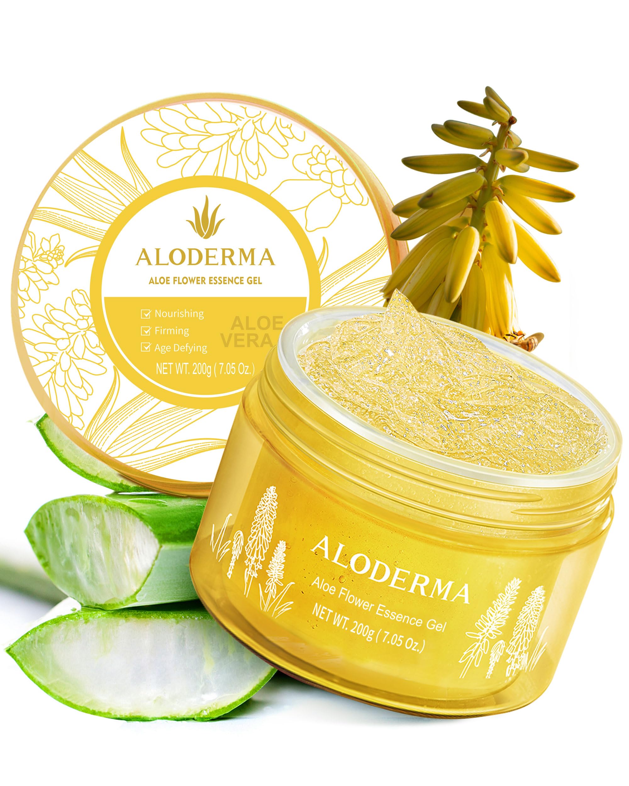 Age-Defying 24K Gold Leaf Aloe Flower Essence Gel, Made within 12 Hours of Harvest - Luxurious Aloe Gel with Allantoin & Hyaluronic Acid for a Glowing, Shimmering, Youthful Complexion, 7oz
