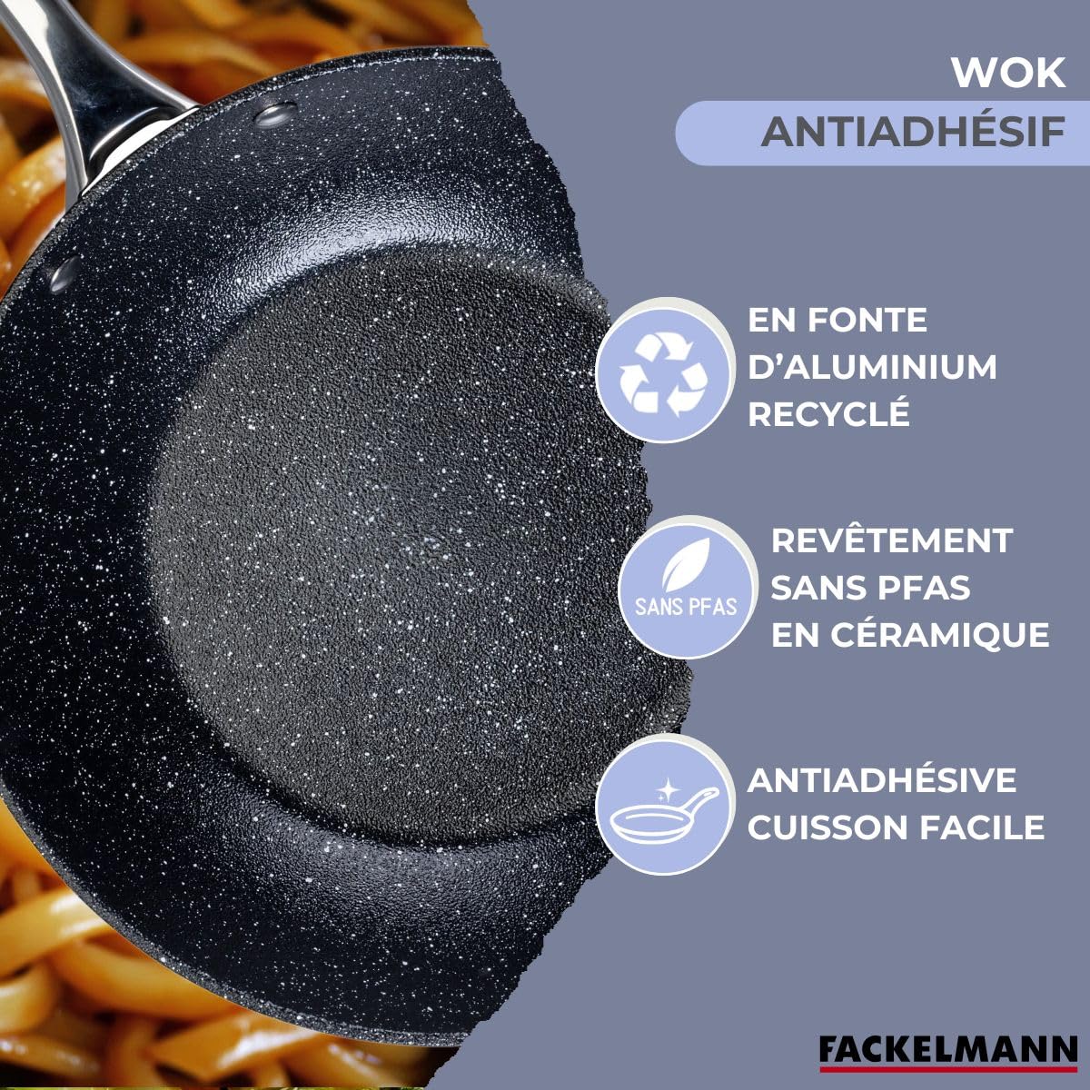 Fackelmann Poêle wok Crossroad Ø 28 cm – En aluminium forgé, revêtement céramique, sans PFAS – Résistant à la chaleur jusqu'à +200 °C – Pour tous types de plaques de cuisson