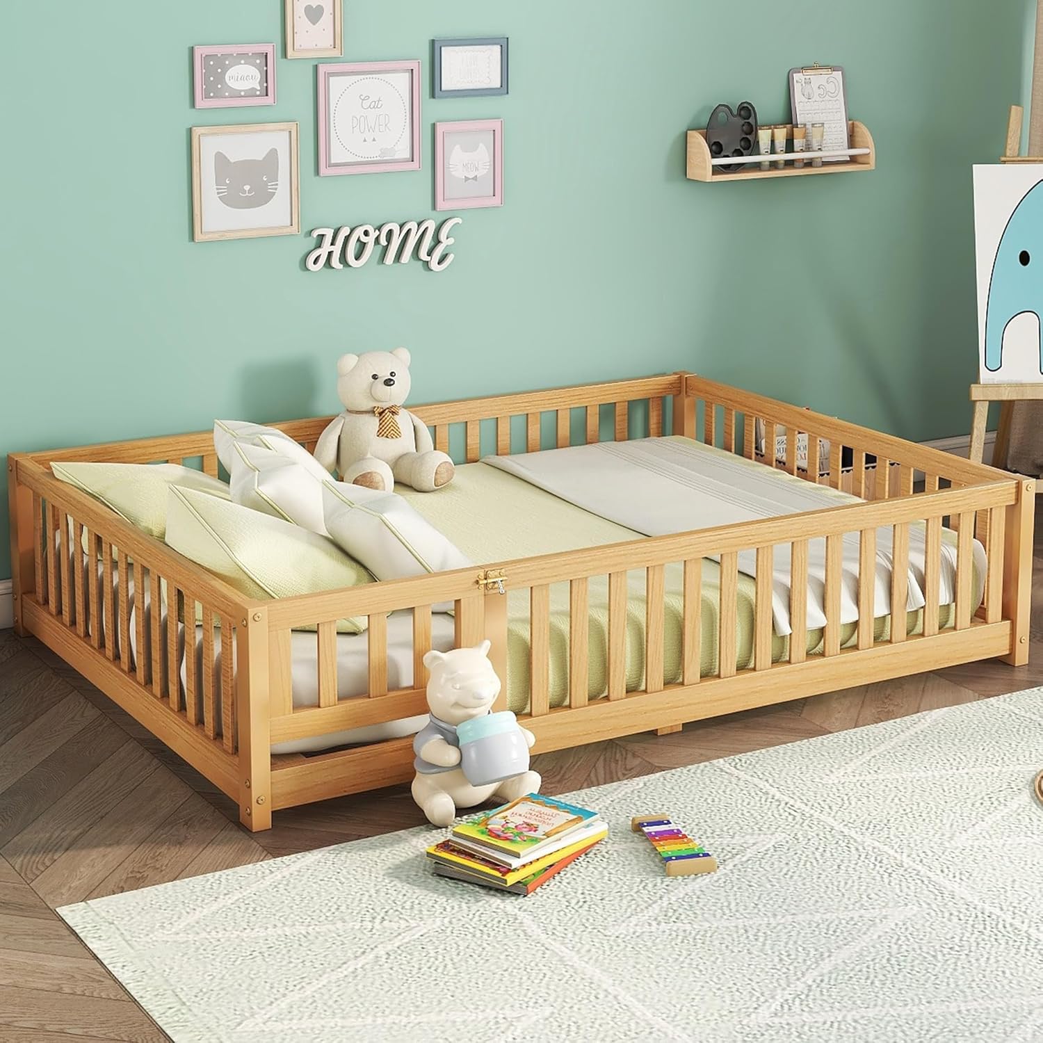 Full Size Floor Bed Frame with Slats and Safety Guardrail, Wood Full Size Montessori Floor Bed with Door and Fence, Easy Assemble Montessori Beds for Kids, Girls, Boys, Natural Natural Fence Full