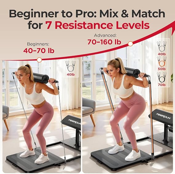 FEIERDUN HT1 Adjustable Hip Thrust Machine for Home Gym, Progressive Glute Training System with Barbell-Style Squat, Padded Support Bar, 7-Level Resistance Bands, Heavy-Duty Steel Frame