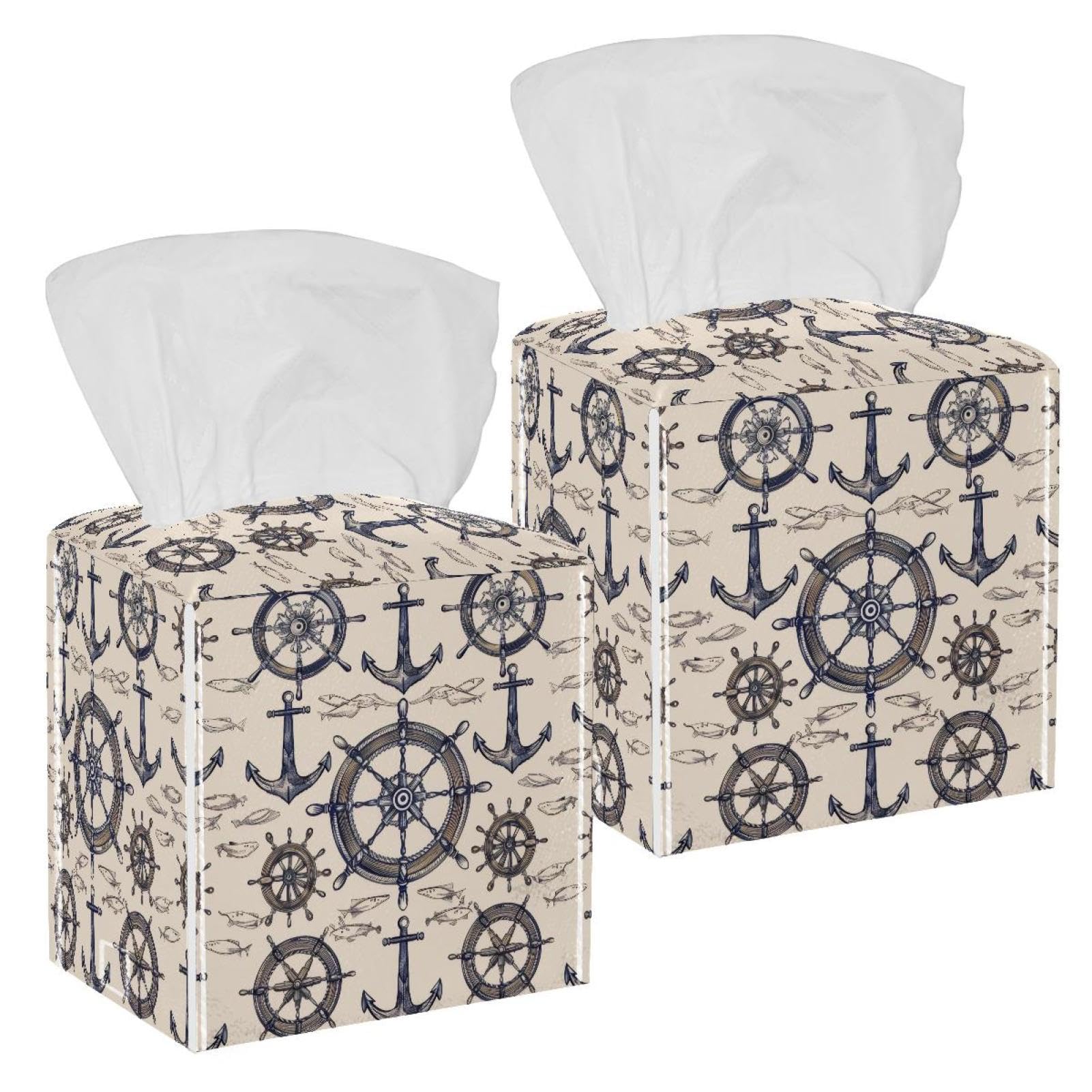 Anchors Wheels Tissue Box Cover, 2 Pack PU Leather Square Facial Tissue Dispenser Box holder for Home Office Car