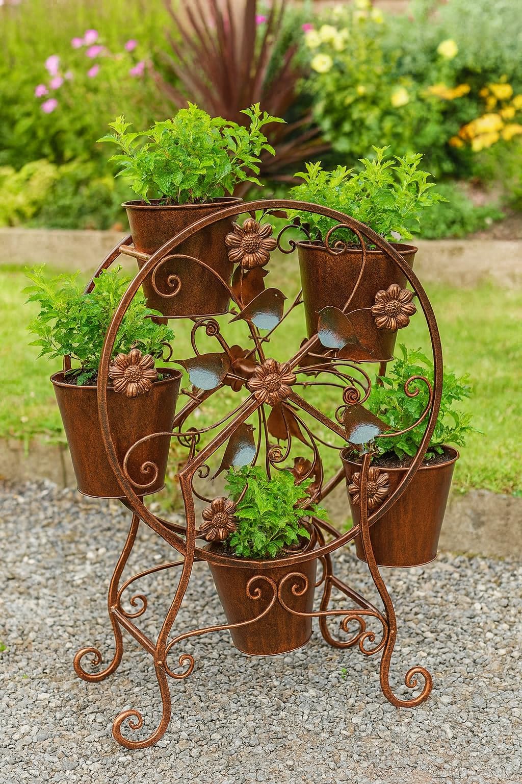 Marissa's Garden & Gift White Handmade Bronze Ferris Wheel Plant Stand With 6 Pots, Decorative Robins And Flowers, Powder Coated Metal Garden Planter