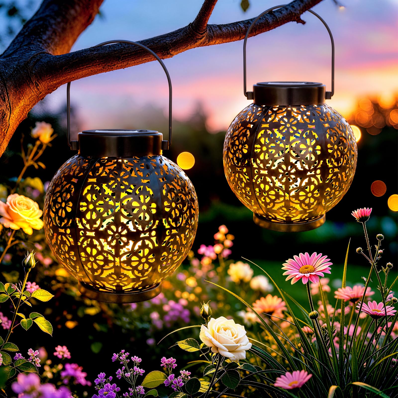 Solar Lanterns for Outside, Hanging Solar Lights Outdoor Garden LED, Waterproof IP44, Warm White, Metal Decorative Lantern for, Patio, Lawn, Yard, Pathway, Halloween, Gifts for Women/Mom, 2 Pack