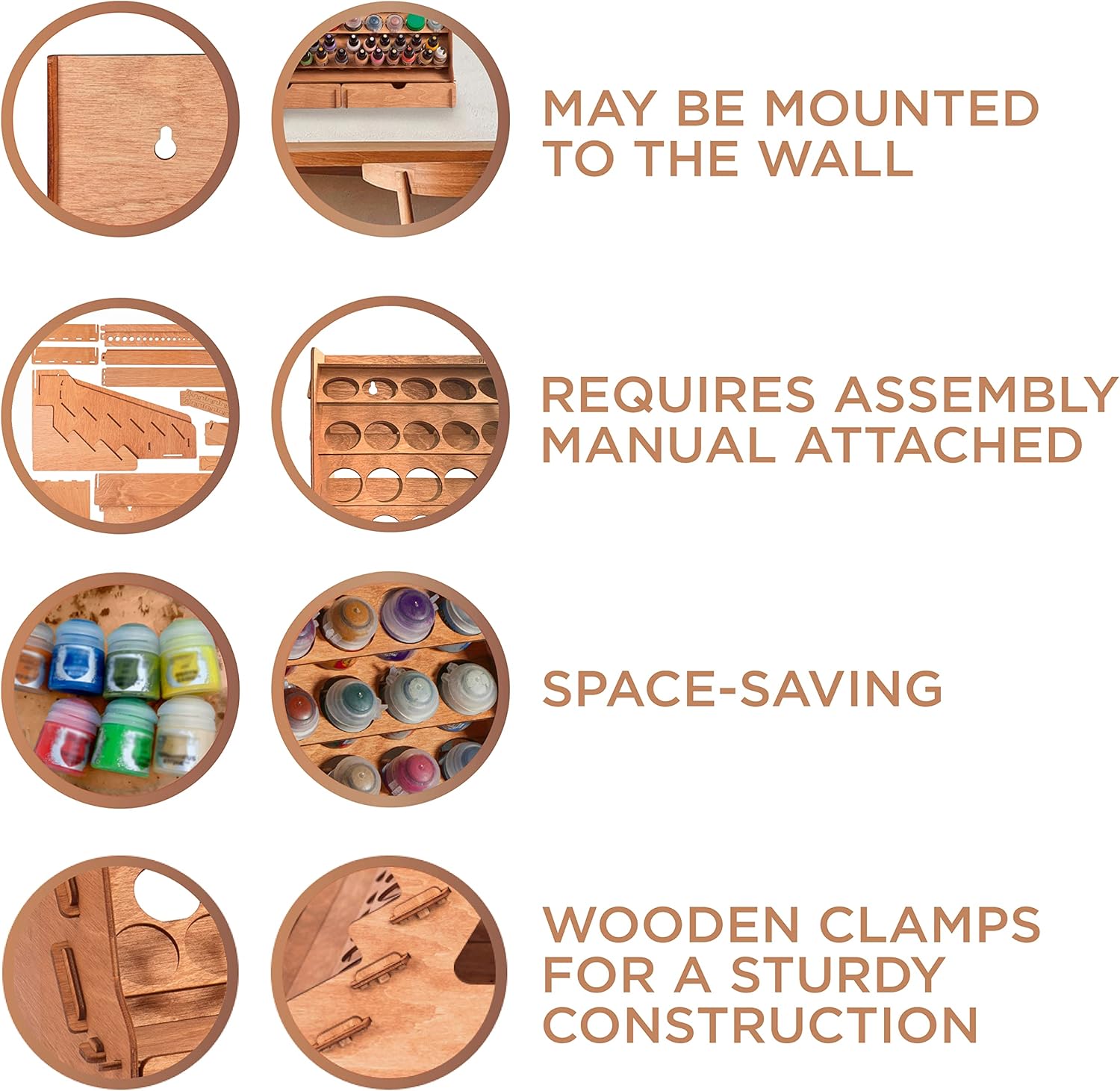Plydolex Wall Paint Holder - Works for Warhammer 40K, DnD, Other Figurines - 65 Holes for Vallejo, Citadel, Tamiya, 30 Brush Holes, 2 Drawers, a Shelf, a Brush Tray - Plywood Rack for Wall and Desk