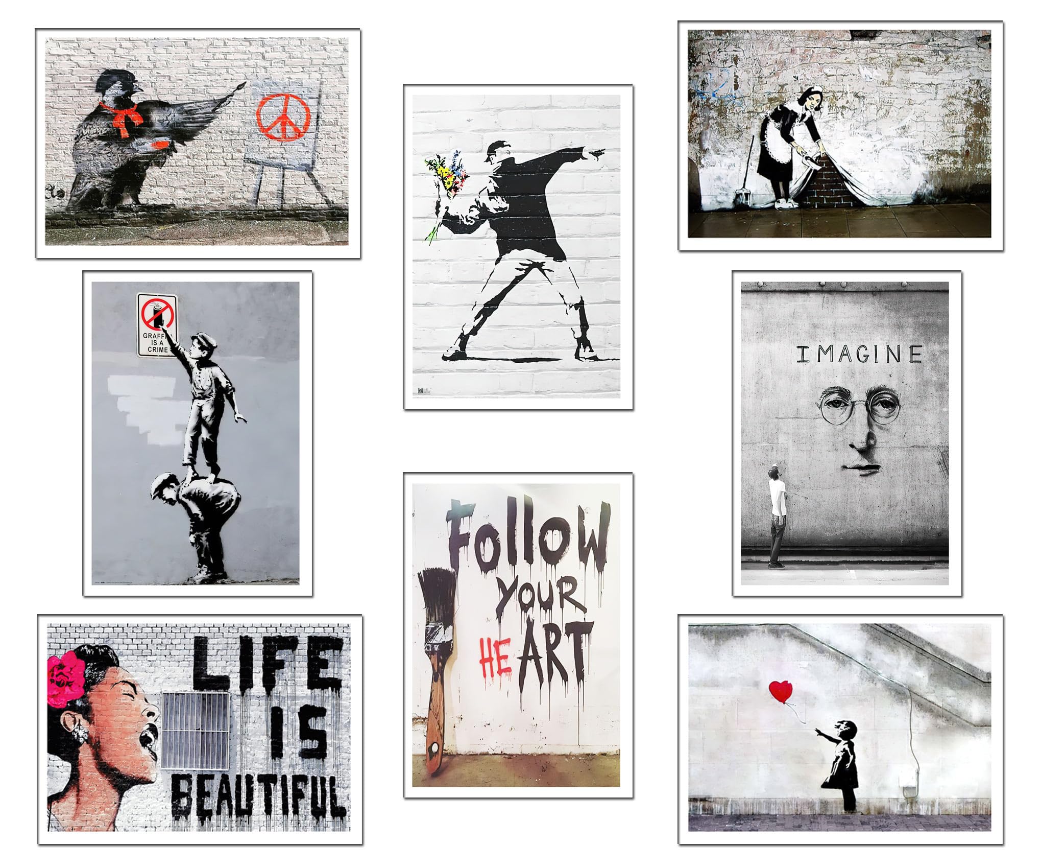 DKORARTE Set 8 Láminas A4 Decorativas Pared para Cuadros Decoración Salón Modernos, Dormitorios, Habitación, SIN Marco, Banksy, (29,7 x 21 cm)