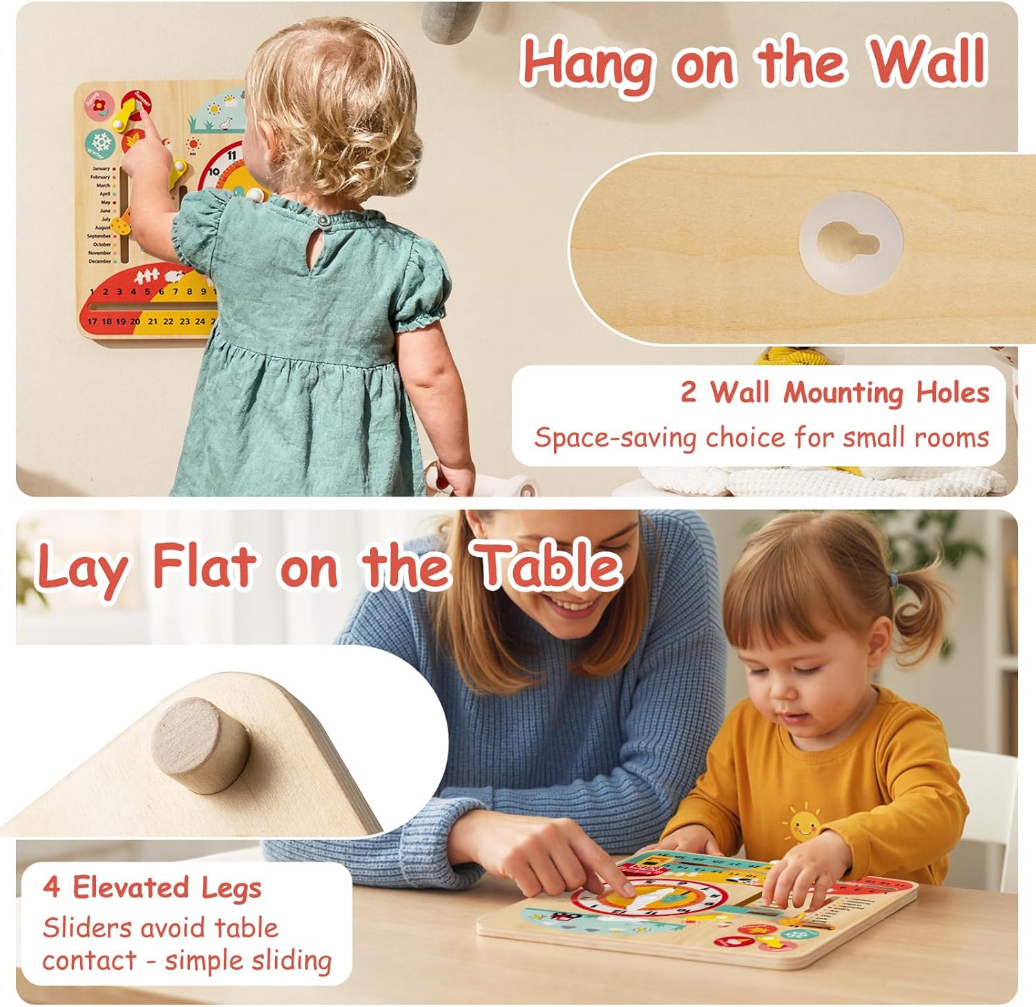 Costzon Montessori Kids Daily Learning Clock Toy, Wooden Educational Learning Clock Toy About Season, Weather, Day, Night, Month, Week & Date, Toddlers Daily Calendar for Preschool Boys Girls Aged 3+