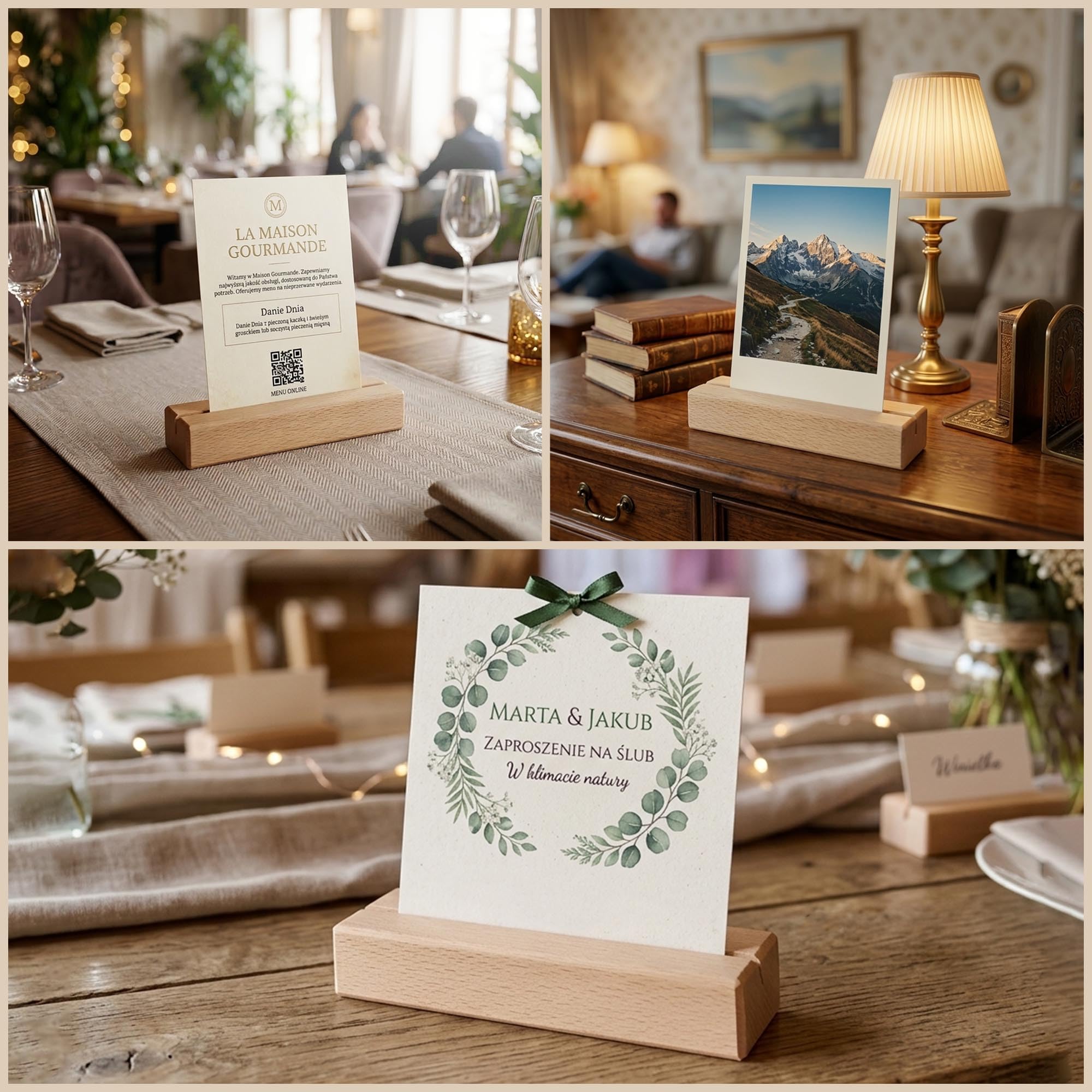 ToolSpace Soporte de Fotos de Madera - Soporte de Exhibición de Tarjetas de Menú de Madera - Soporte de Tarjetas de Visita - Soporte de Tarjetas de Visita de Madera de Haya Natural - 1.8x3x15 cm 10pcs