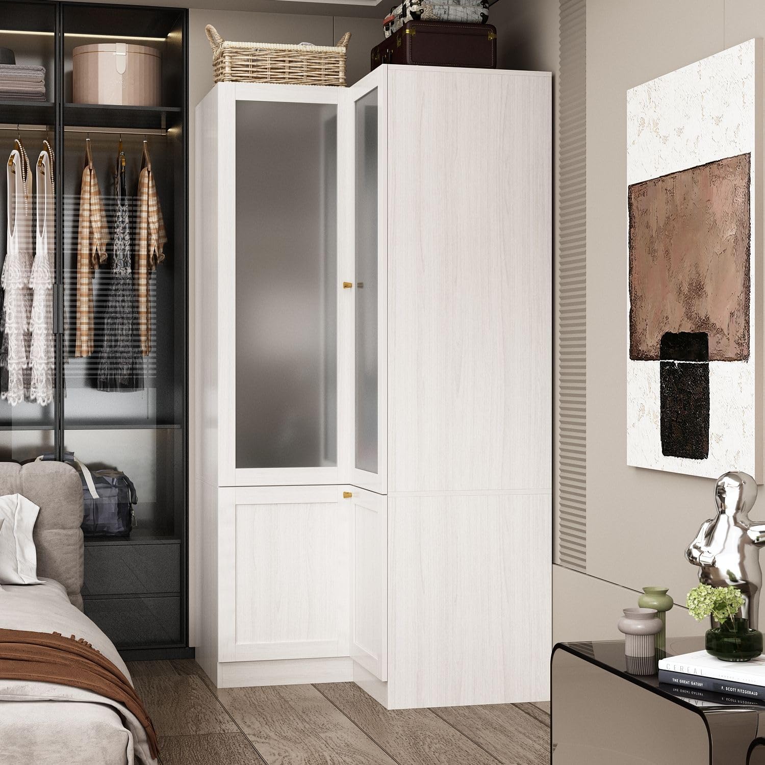 MOUMON 70.9" L-Shaped Corner Wardrobe with Frosted Glass Doors, Armoire Closet with Hanging Rod, Space-Saving, Light Oak 35.4”W x 35.4”D x 70.9”H