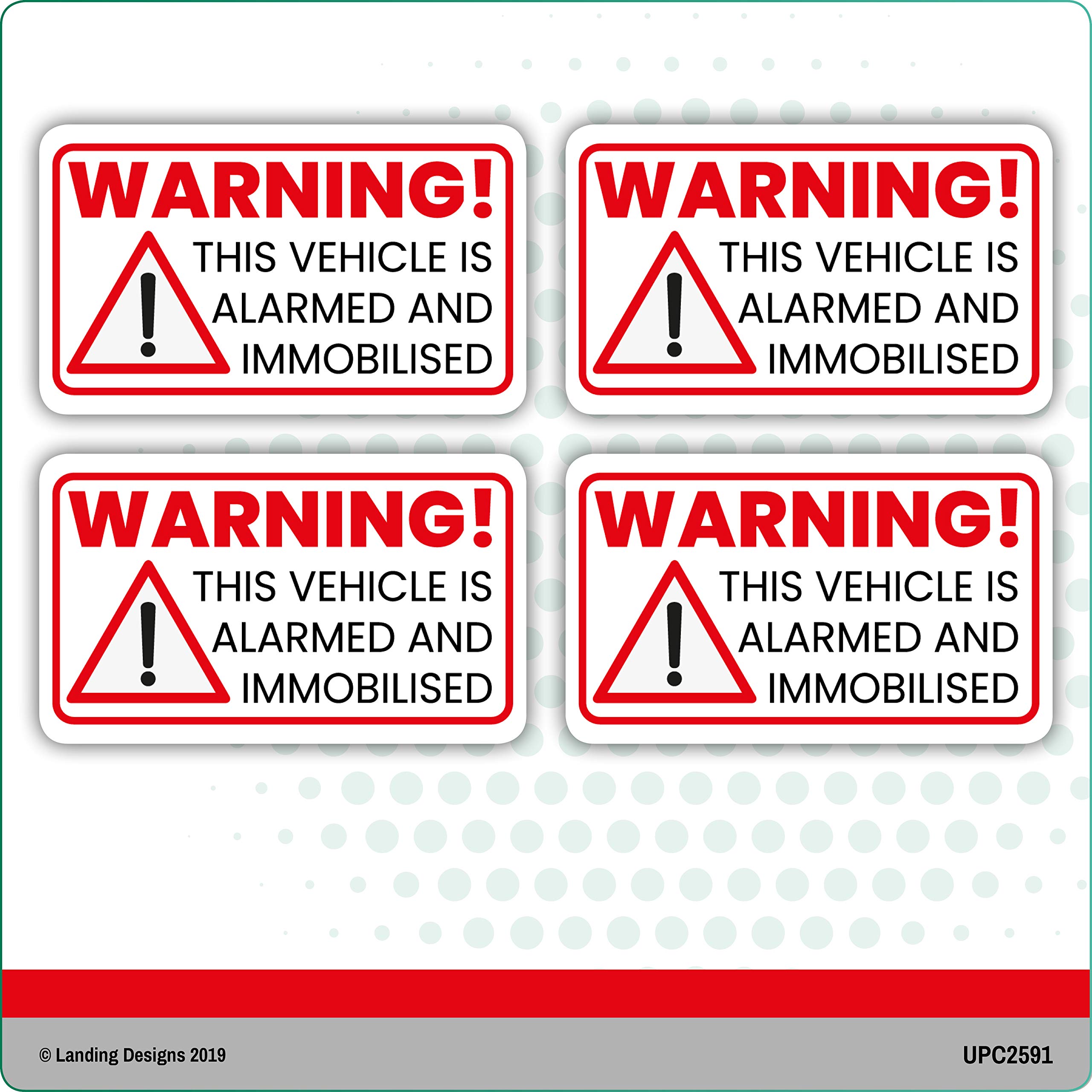 4 x Warning vinyl stickers that this vehicle is alarmed and immobilized for car safety.