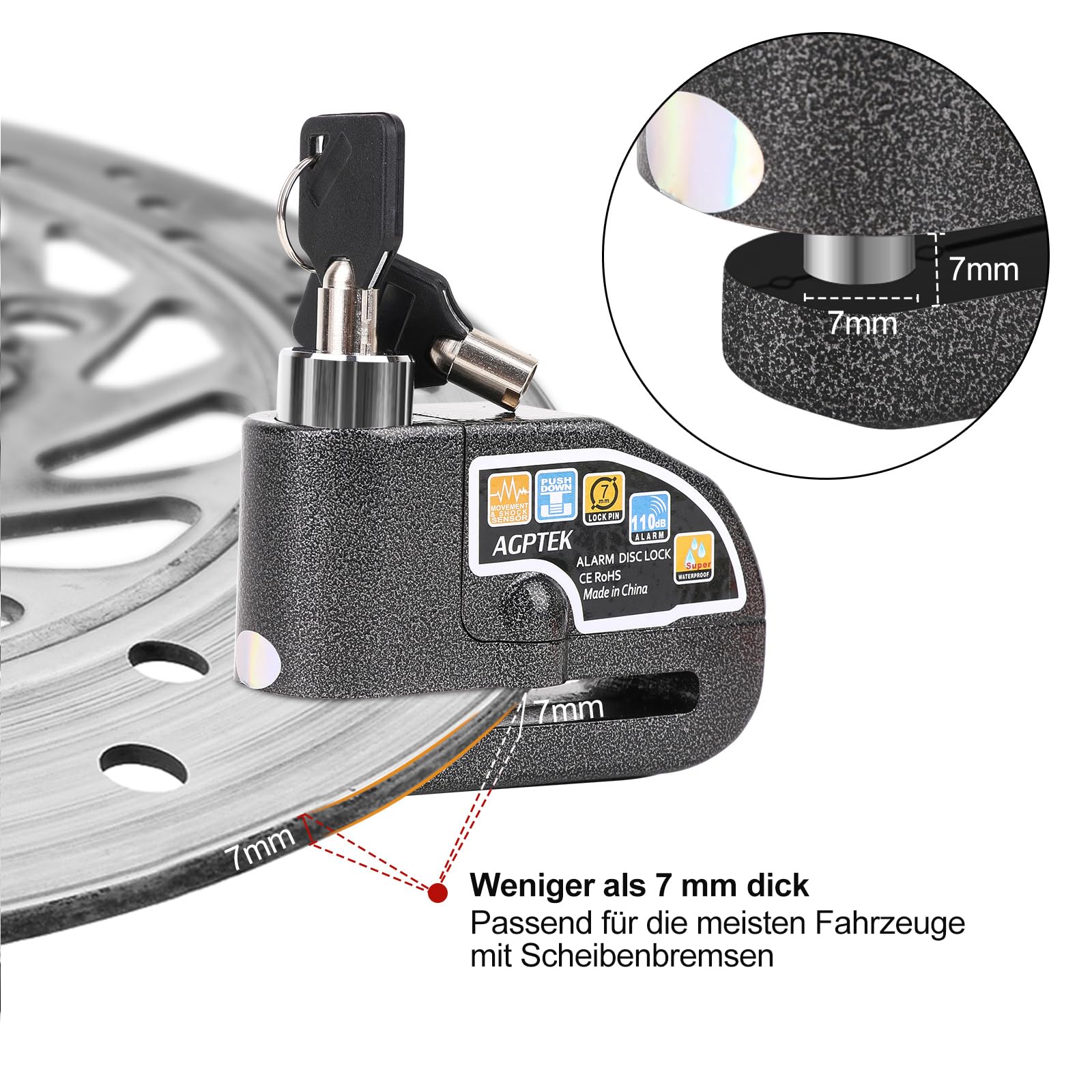 AGPTEK Remschijfslot, 110dB Antidiefstalalarm voor Motorfietsen, Sirene Alarm Schijfslot voor Motor, Aluminium, 7 mm, voor Motorfiets Fiets VTT- Scooter, Waterdicht met Tas en 2 Sleutels - Rood