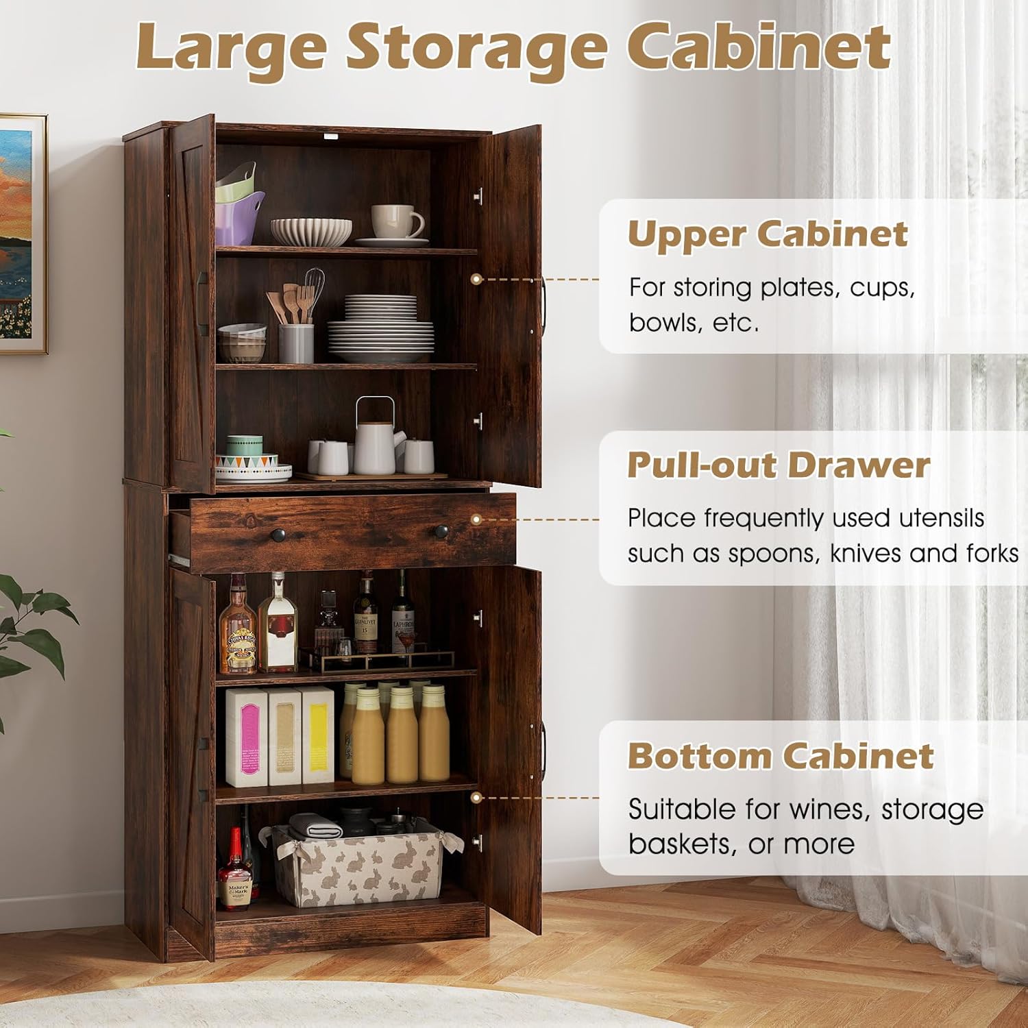 Giantex 72" Tall Kitchen Pantry Cabinet, Modern Farmhouse Pantry Storage Cabinet with 4 Barn Doors, Adjustable Shelves & Drawer, Buffet Cupboard with Living Room, Dining Room, Bathroom, Rustic Brown