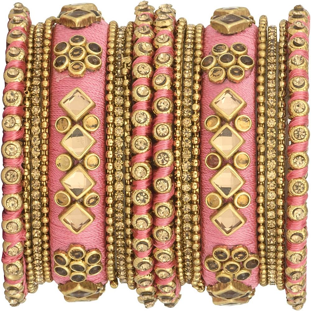 Aheli Ethnic Handmade Silk Thread Faux Stone Studded Bangle Set Chuda Indian Wedding Wear Fashion Jewelry Gift for Women Light Pink