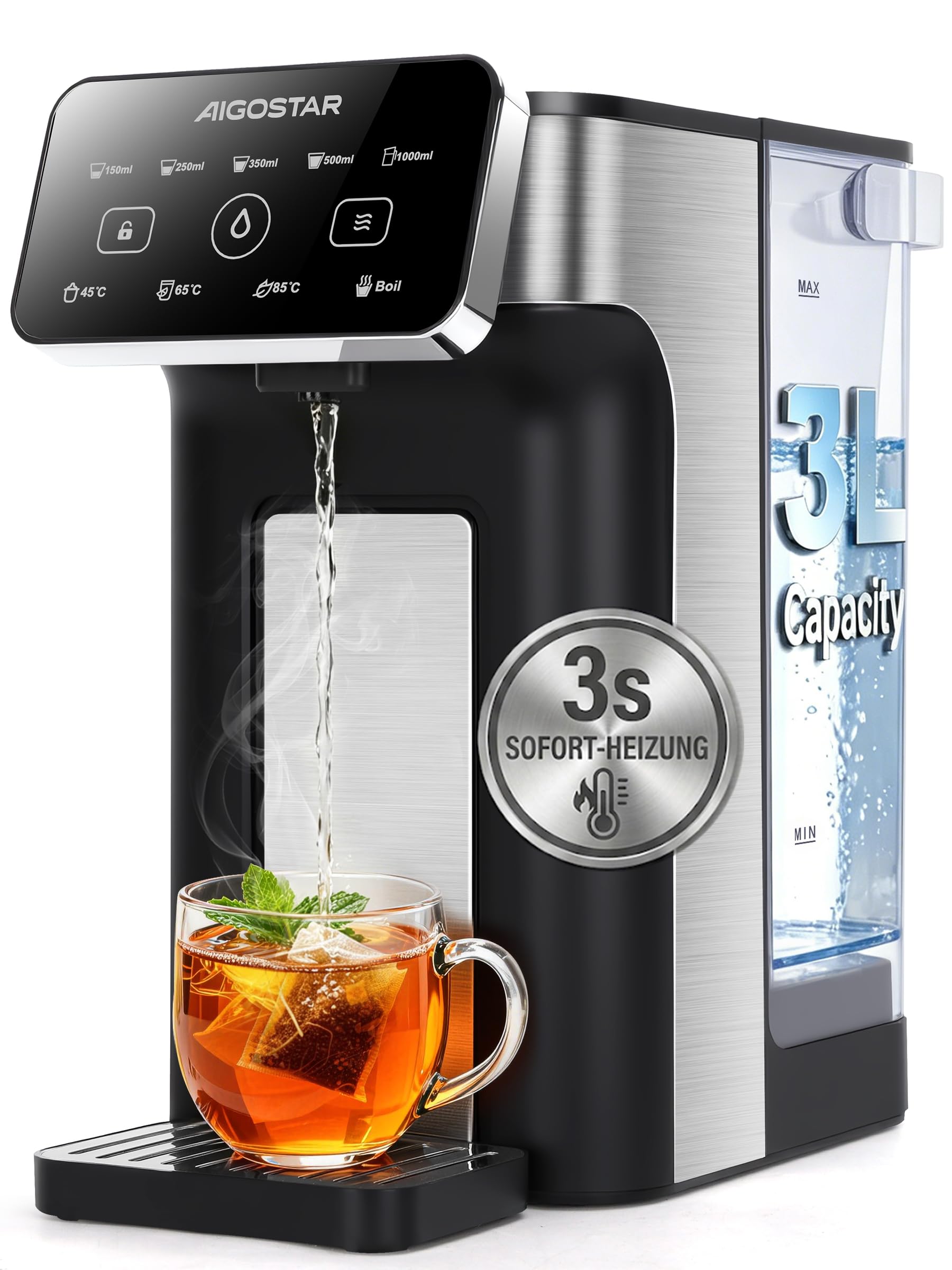 Aigostar 3L Heißwasserspender, 3s Turbo-Aufheizung, 4 Temperaturstufen, 1000ml Schnellausgabe, Instant-Wasserkocher mit temperatureinstellung, LED-Touch, BPA-frei, Filter-Slot, Schwarz