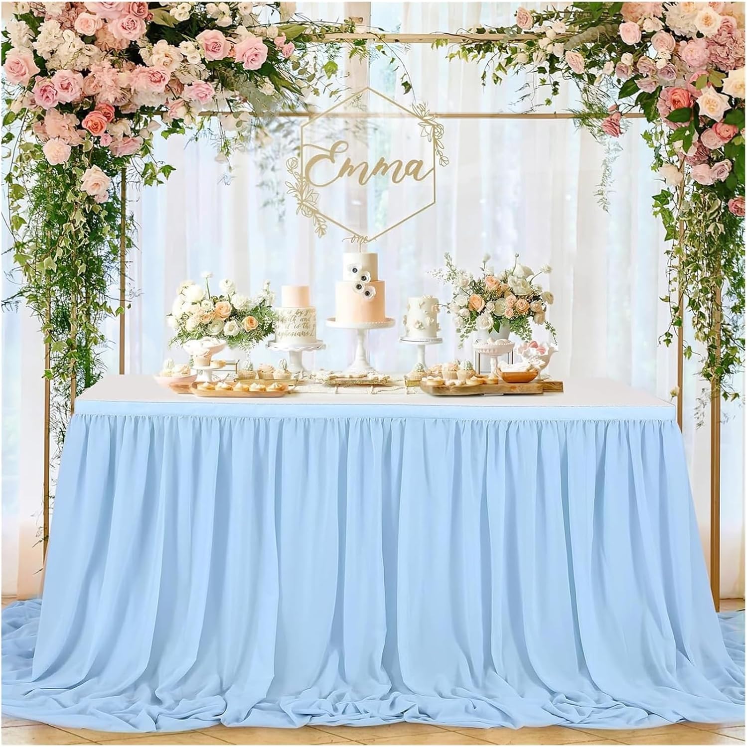 Party Table Skirt Table Skirt Party Birthday Dessert Pleated Tablecloth Cover for Wedding Shower Hotel Display(Baby blue,14FT-78X427CM)