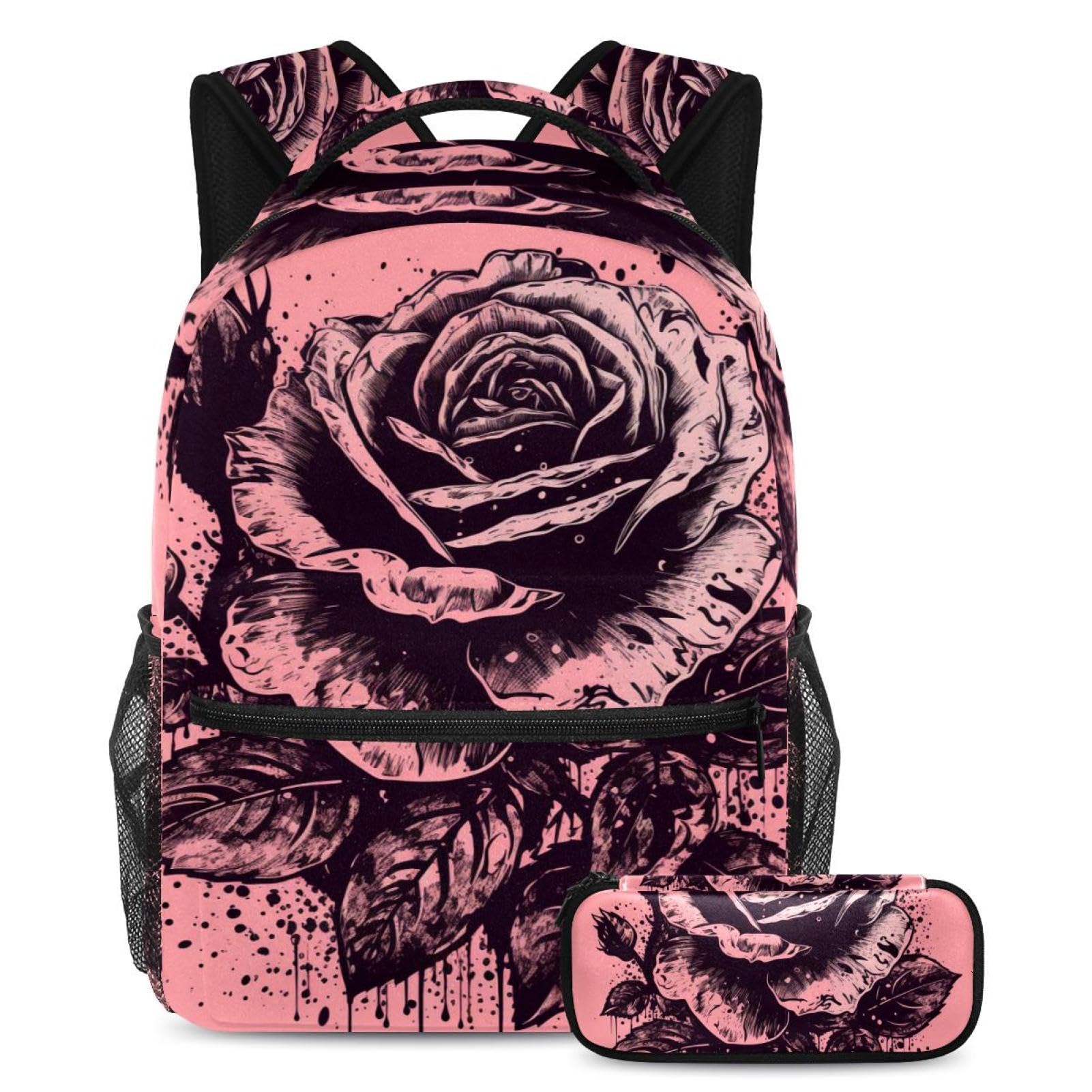 Sac à dos et trousse à crayons au design rose et rose noire multicolore