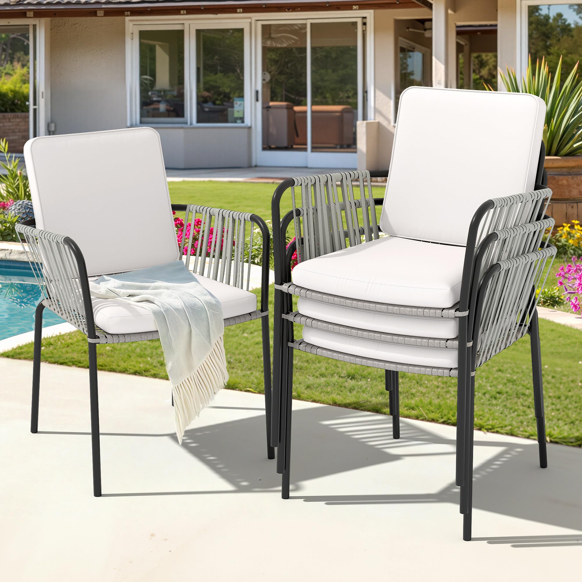 YITAHOME Outdoor Dining Chair Set of 4 All-Weather Outdoor Chair Stacking Chairs Set of 4 Wicker Patio Armchairs Bistro Chairs Set Rattan Chairs Set