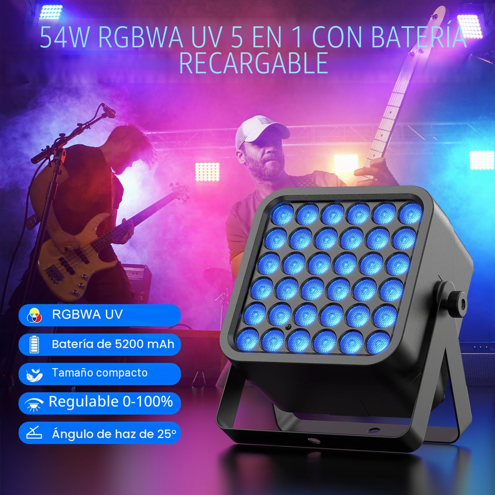 54W Focos Par LED Batería RGBWA UV, 5200mAh Recargable Luces Escenario con Control Remoto, Luz Discoteca 4-6h para Exteriores Fiestas Bodas Espectáculos Discotecas Halloween Navidad