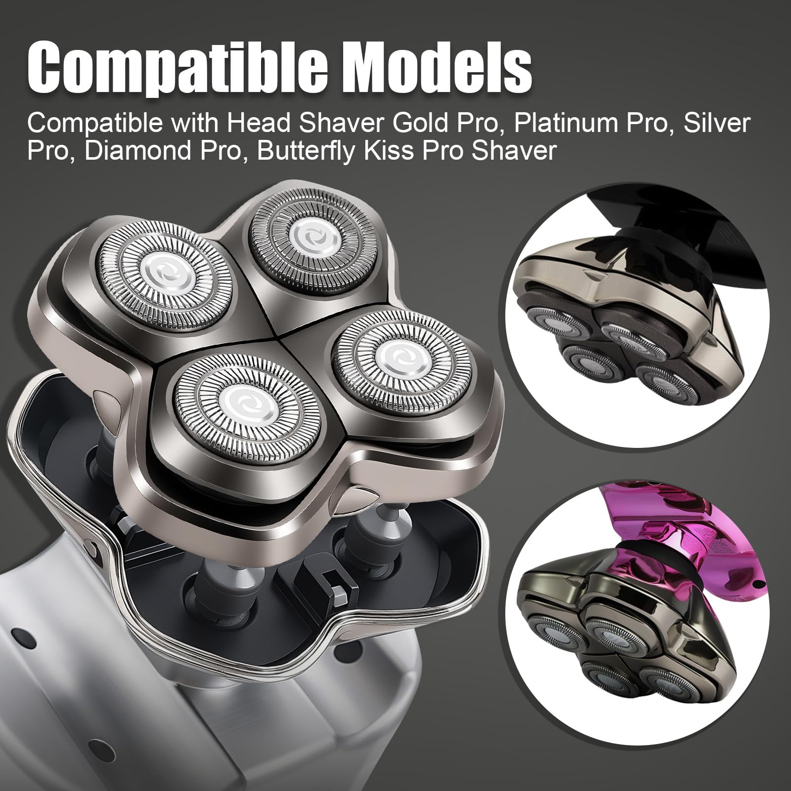 Pro 4 Ersatzklingen kompatibel mit Pitbull Skull Shaver,Butterfly Kiss PRO & Palm Shavers,Ersatzkopf für Glatzen Rasierer Herren,Wasserdicht Flexibler für Rasierkopf Nass-Trockengebrauch(2 Stück)