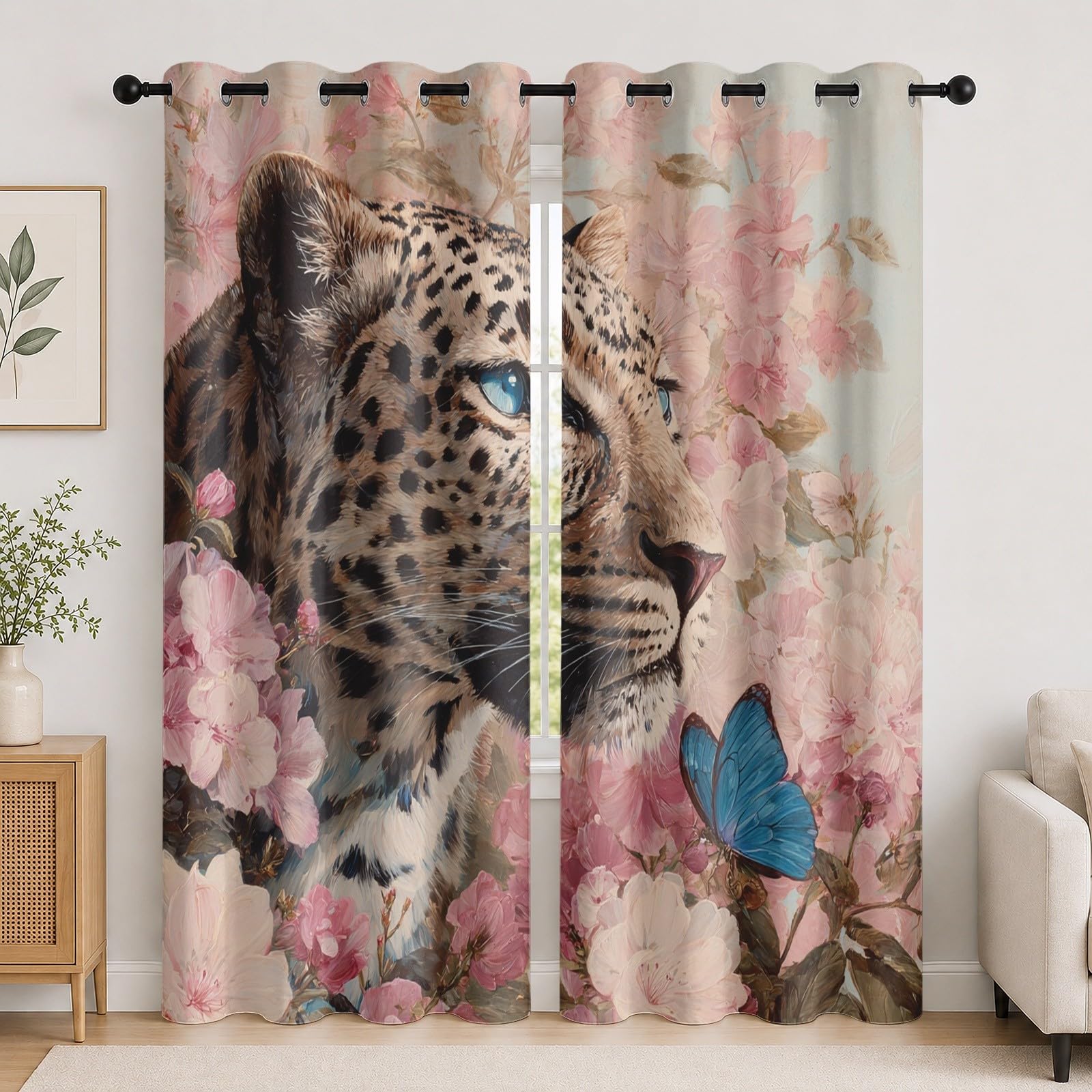Rideau occultant thermique 2 pièces 75x166cm motif léopard papillon rose pour salon