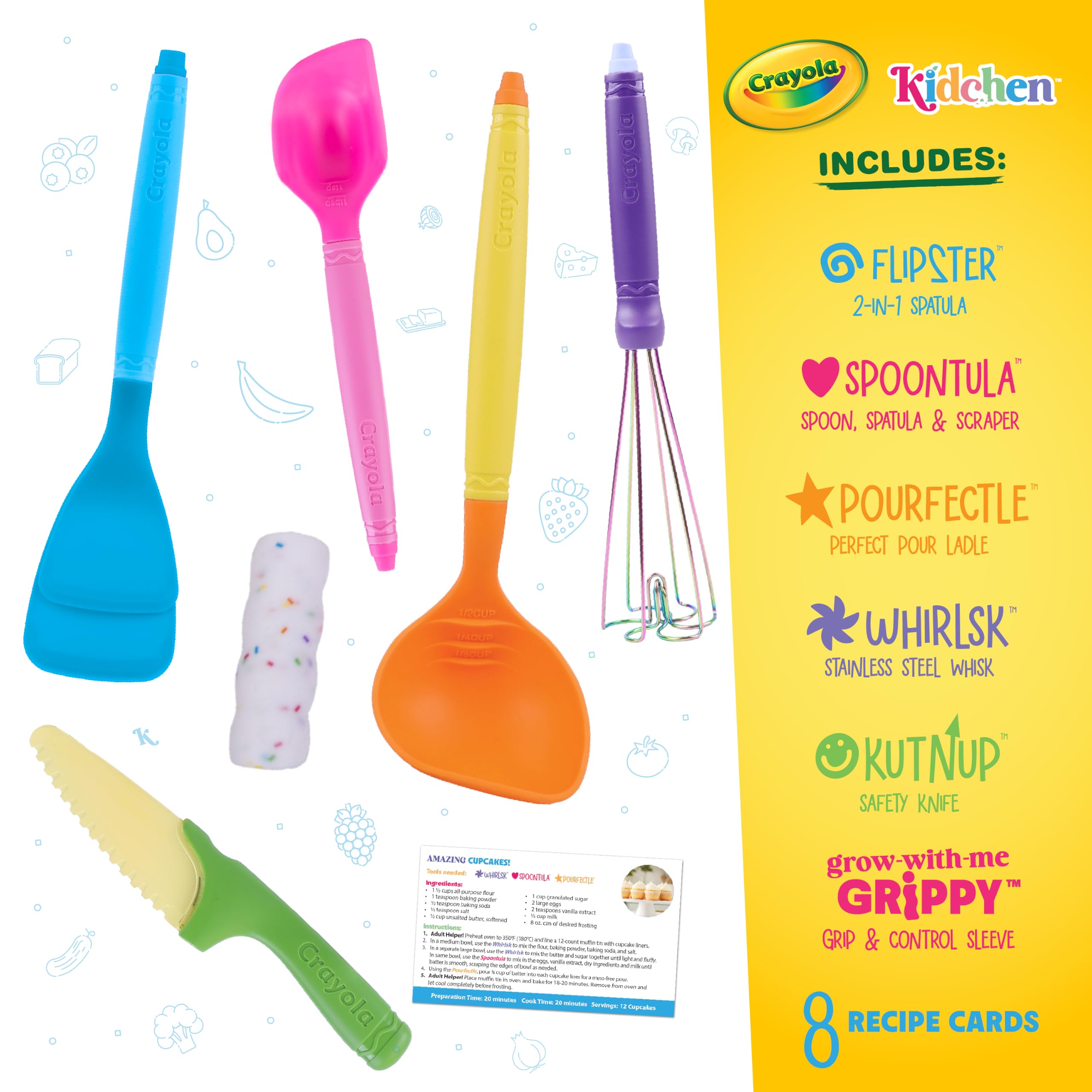 Crayola Kidchen - Set di 5 utensili da cucina creativi per bambini, con spatola 2 in 1, frusta in acciaio inox e mestolo, in silicone alimentare colorato, regalo da cucina per bambini, dai 5 anni in