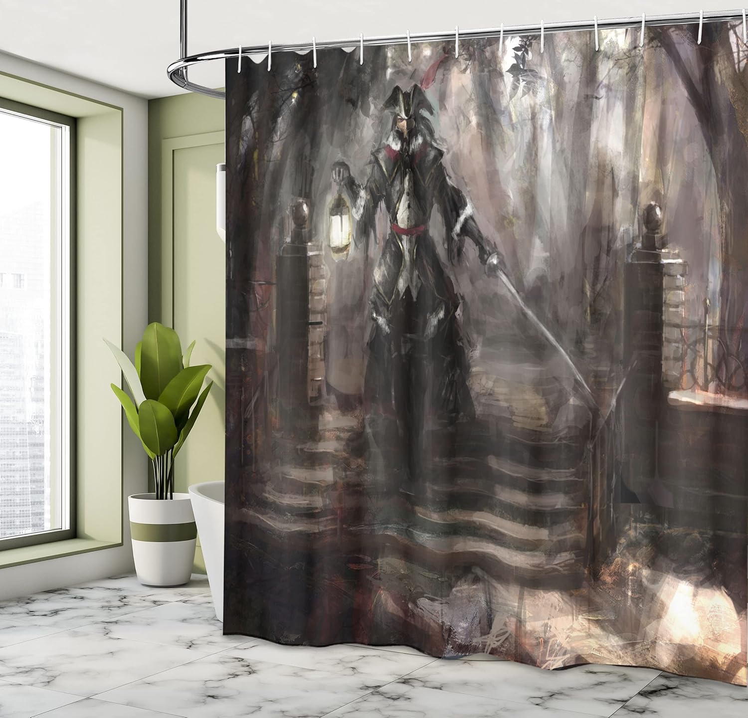 Ambesonne Fantasy World Shower Curtain, Pirate General Walking Dark Forest with Medieval Themed Ornaments Print, Cloth Fabric Bathroom Decor Set with Hooks, 69" W x 70" L, Black and Brown