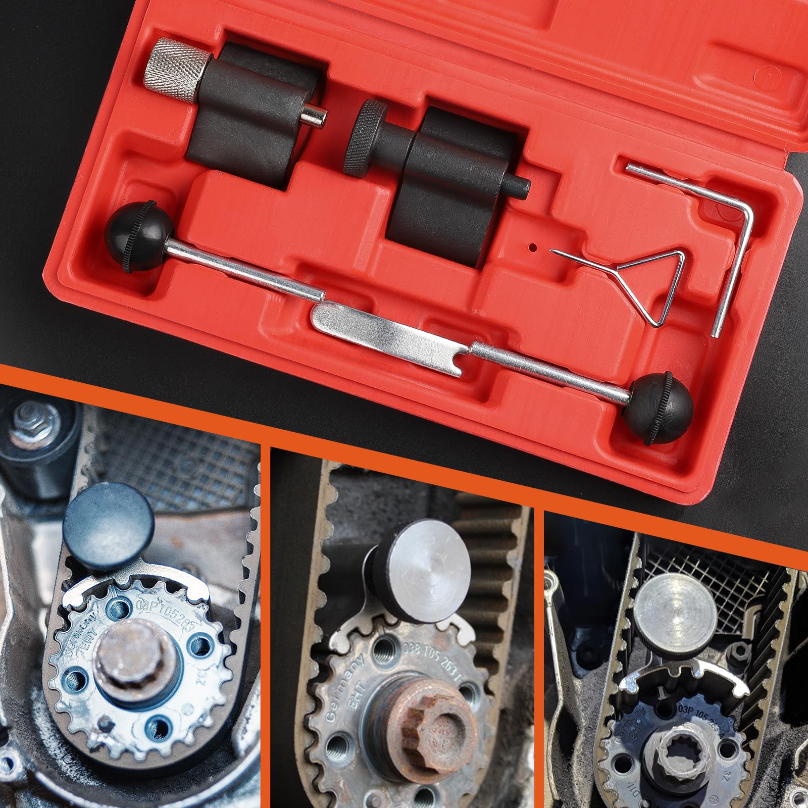 Kit Messa in Fase, Set di Attrezzi Distribuzione Compatibile con VW Audi SDI TDI 1,2 1,4 1,6 1,9 2,0 Kit Smontaggio Cinghia Alternatore con Scatola Portaoggetti Rossa