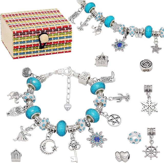 AK KYC Girls Charm Bracelet Making Kit Set,DIY Jewellery Making Kits Gifts for Girls, Blue Eyes Beads Snake Chain Jewelry Bracelet with 3 Sliver Plated Chain and Box